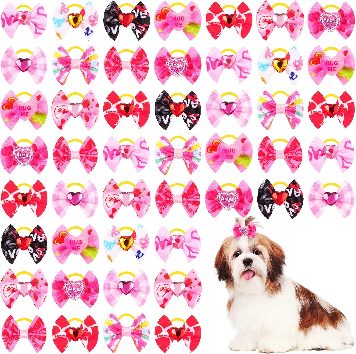 60 Pieces/ 30 Pairs Valentine's Day Dog Hair Bows for Valentine's Day Puppy Bows with Rubber Bands Heart Sweet Pink Dog Grooming Accessories