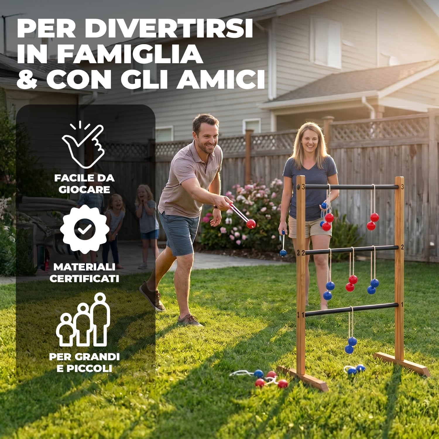 Ladder Toss® | Gioco di Abilità in Legno per Adulti | 1 Scala + 6 Bolas + 1 Custodia Protettiva | Gioco di Lancio | Gioco da Esterno | Palline da Golf | OriginalCorner®