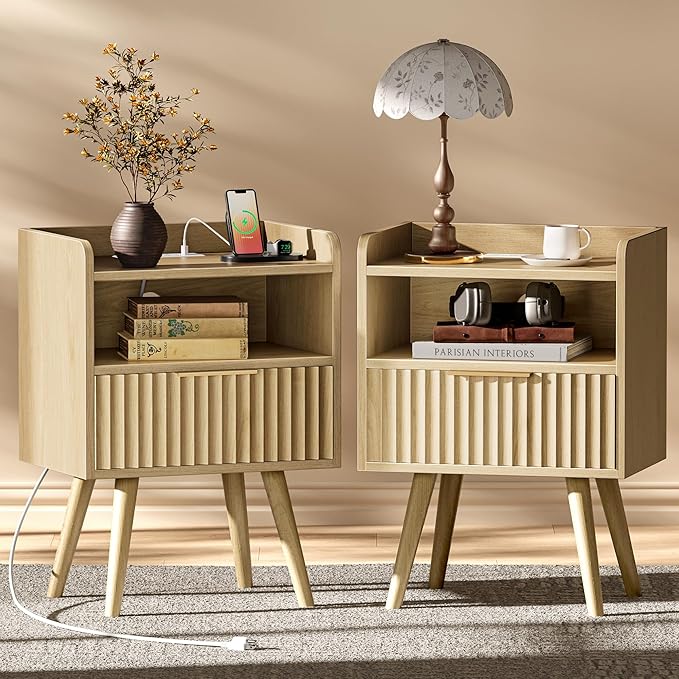 Huuger Nightstand with Charging Station Set of 2 (Natural)