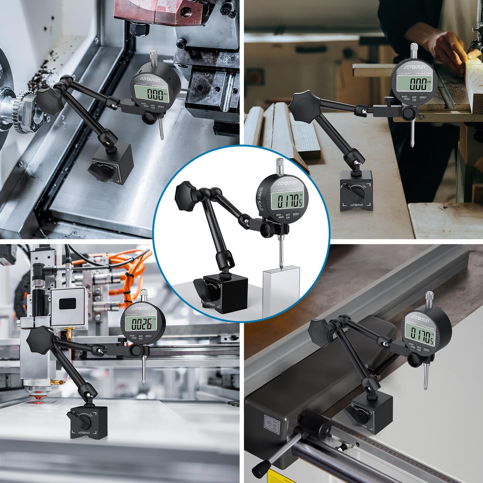 AUTOUTLET Digital Messuhr und Magnetfuß mit Zentralklemmung 25cm 132lbs/60kg Maximale Zugkraft, 0-25,4mm/1'' Messtaster Zoll/Metrische Umrechnung, Magnet Messuhrhalter, für Labor Werkstatt 3D Drucker