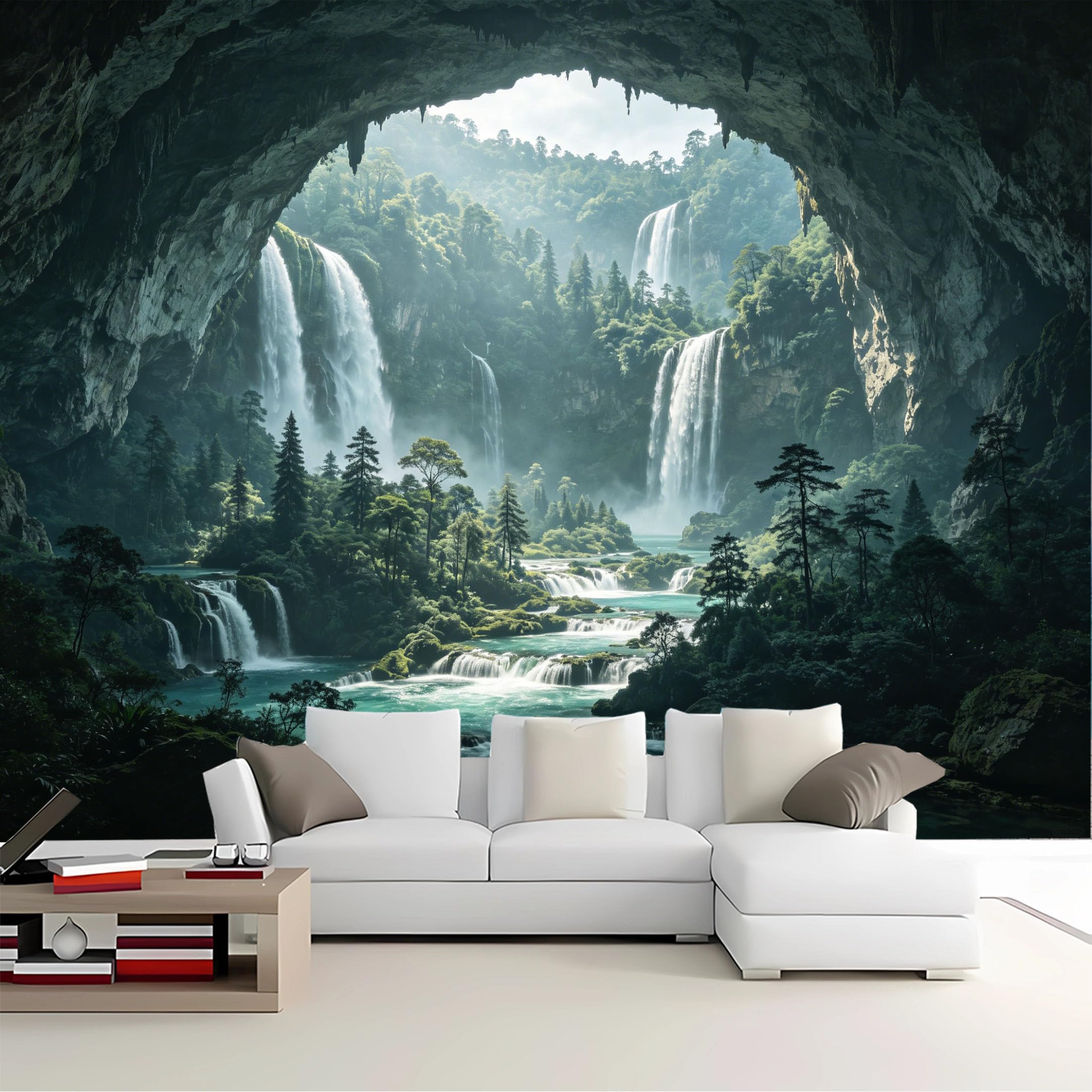 Custom Size Wall Mural Cave View Multiple Waterfalls Forest Removable Self Adhesive Peel and Stick Wallpaper for Bedroom Living Room Dining Room