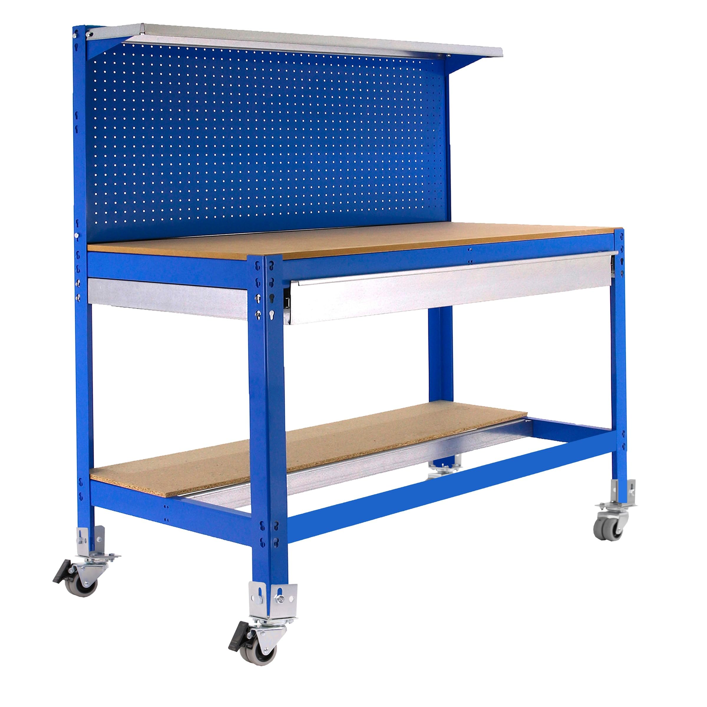 Simon Rack Banco de Trabajo Taller con Ruedas 1510x610 mm - BT3 | Panel Perforado y Cajón, Tablero madera 16 mm, Capacidad Carga 120 kg, Azul , Pintura anticorrosión, Montaje sistema clic