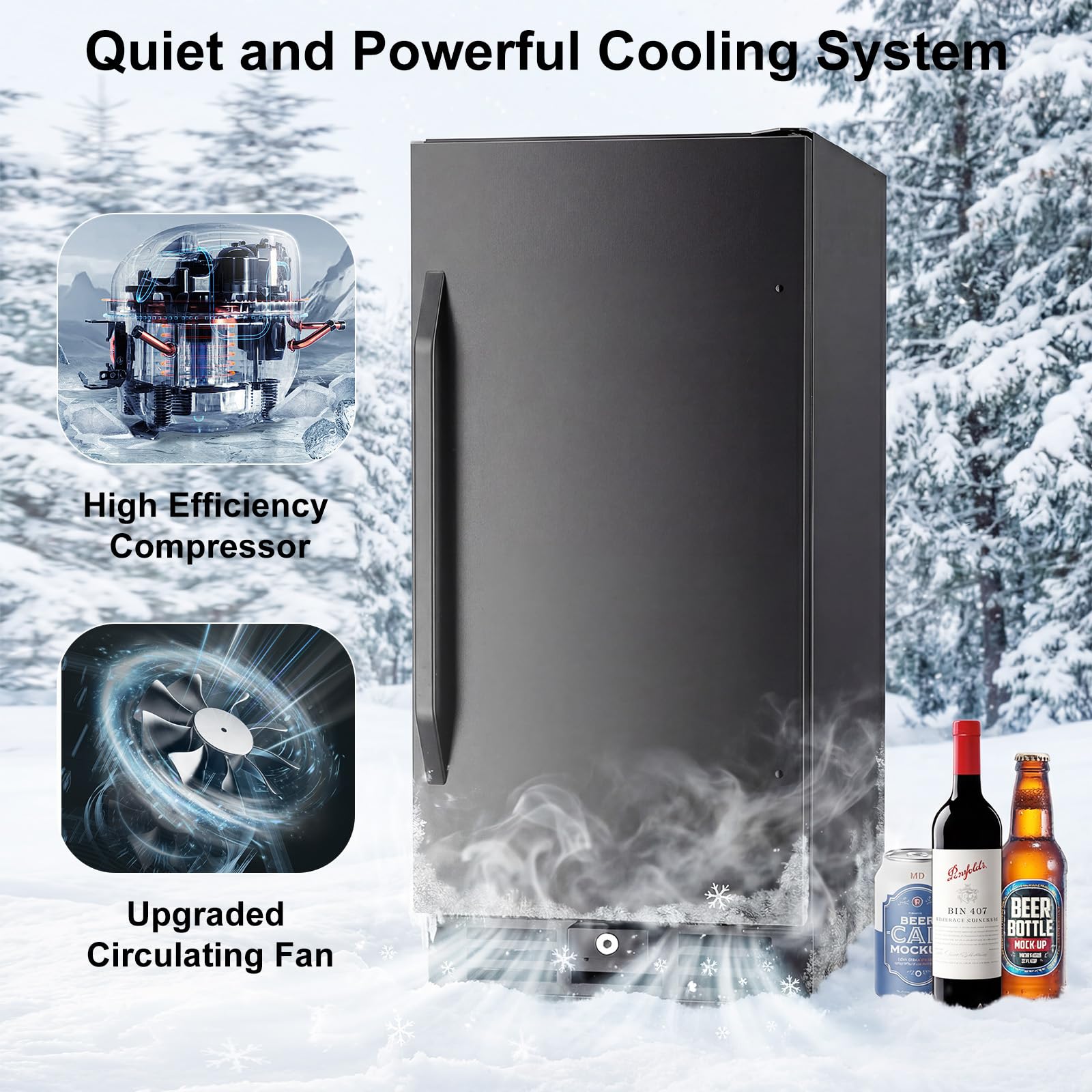 Velieta 15 Inch Beverage Cooler, 127-Can Stainless Steel Drink Refrigerator With Reversible Door, Built-In Or Freestanding Mini Fridge With Blue LED Light, Lock And Key For Indoor Outdoor Use, Black on Fridge.com - View 6