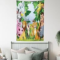 Vista 5 de Ambesonne Tapiz de dibujos animados, grupo de animales de la selva de sabana con expresiones divertidas, estampado de mascotas de sabana, colgante