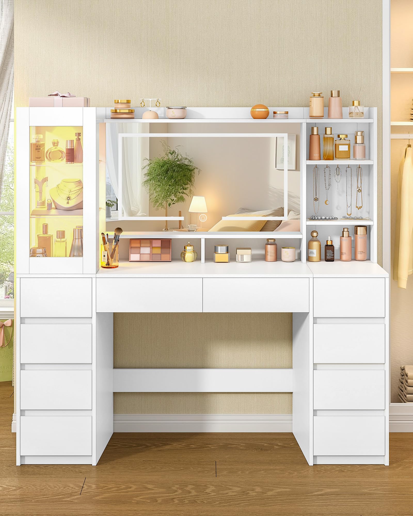 Hzuaneri 140 cm Toeletta Trucco, Postazione Trucco con Grande Specchio HD, Striscia Luminosa RGB, 10 Cassetti, 9 Scaffale Portaoggetti, per Camera da Letto, Ufficio, Bianco 1150003XEU