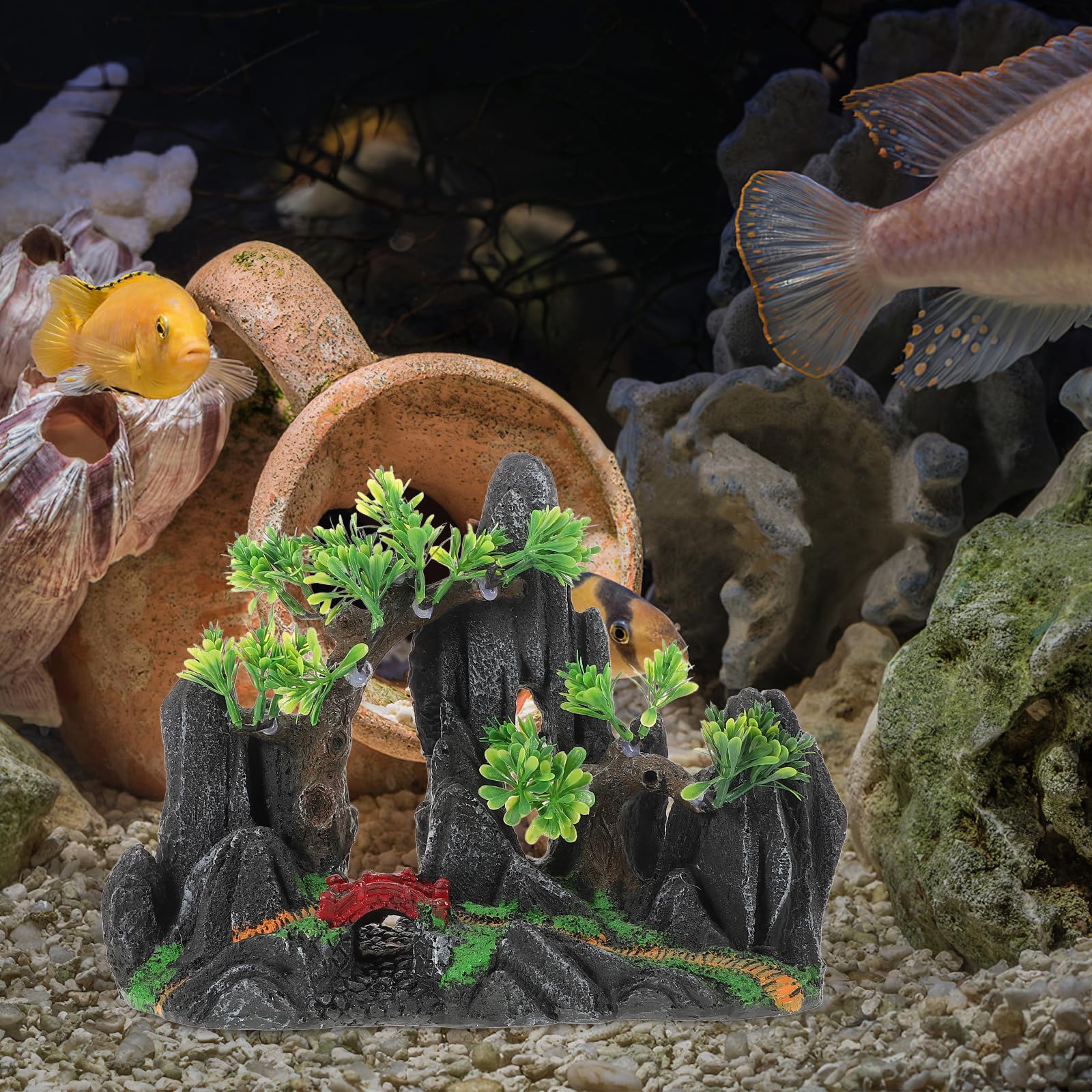 Künstlicher Aquarium Berg aus Kunstharz mit Fisch Versteck Hohles Design für Natürliche Unterwasserlandschaft Dekoratives Zubehör für Fischbecken in Grün