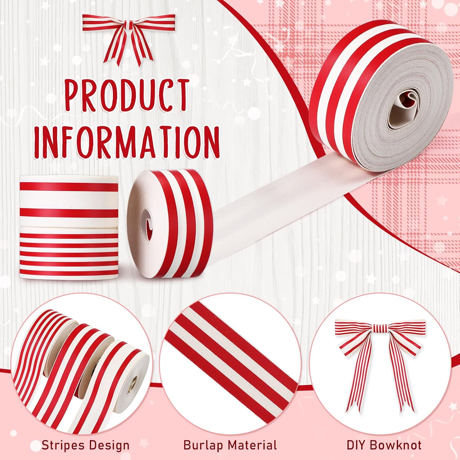 3 Rolls 1 Inch x 18 Yards Red White Stripe Ribbon Vintage Striped Fabric Ribbons Natural Cotton Wrapping Accessories for DIY Craft Valentines Wedding Party Decor, 3 Styles