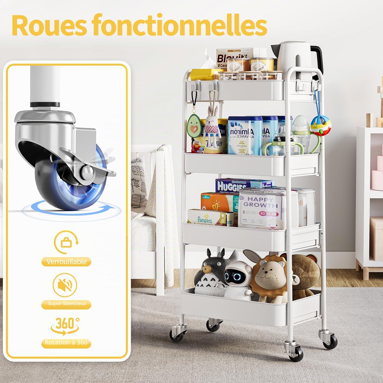 KINGRACK Chariot de rangement en métal à 4 niveaux sur roulettes, pour livres de beauté, thé, art du thé, pour la maison, la salle de bain, la cuisine, le linge, pas besoin de vis, chariot utilitaire