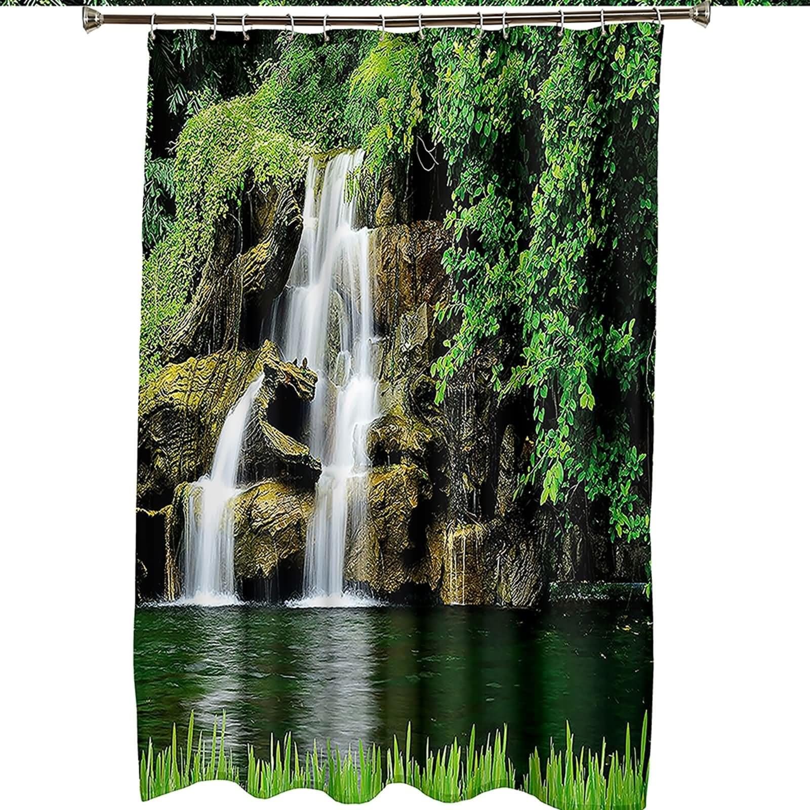 Duschvorhang 180X200, Textil Duschvorhang Grün Wasserfall Fluss Duschvorhang für Damen