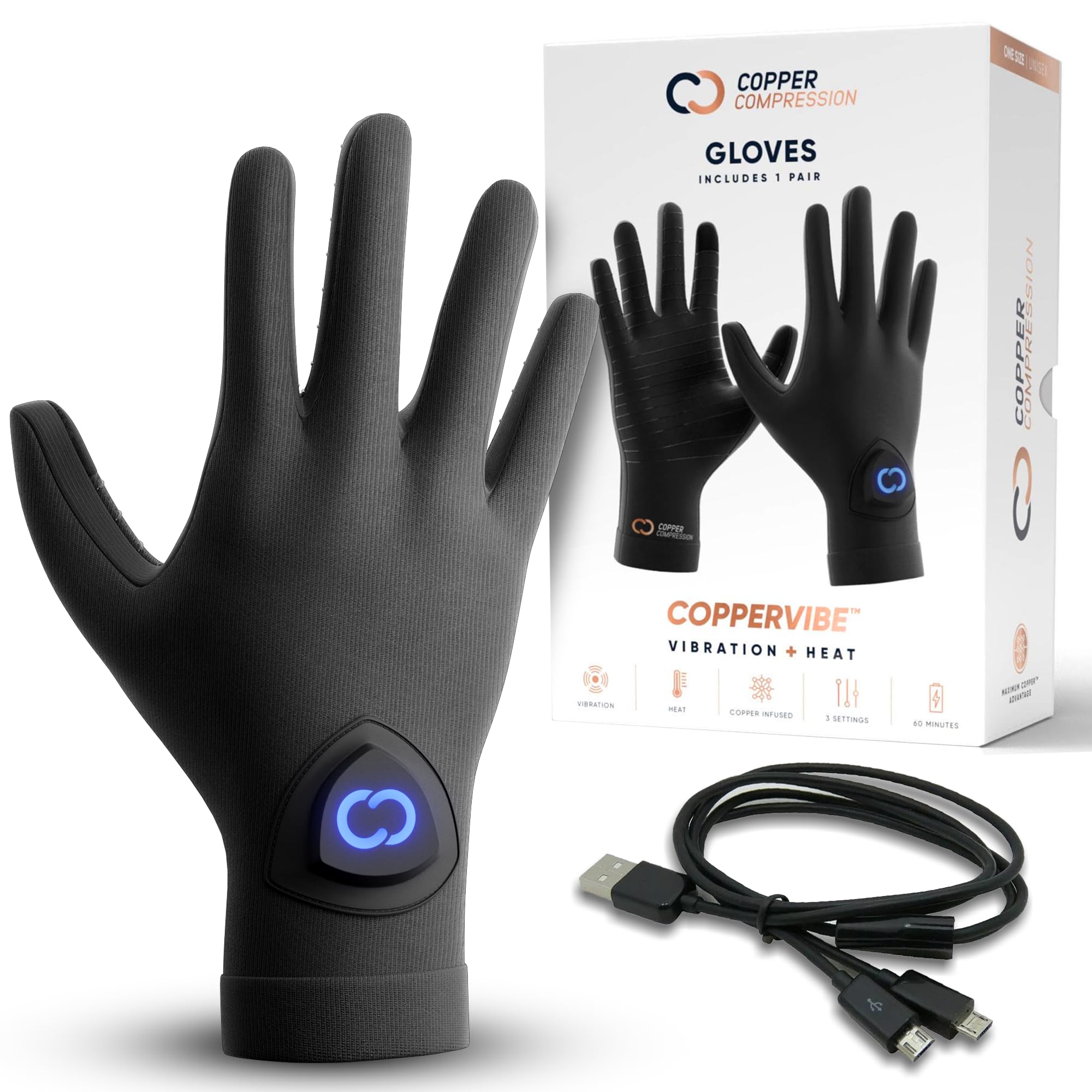 Copper Compression CopperVibe Vibration & Heat Gloves - Heated Hand Massage - FSA Flexible Spending Account
