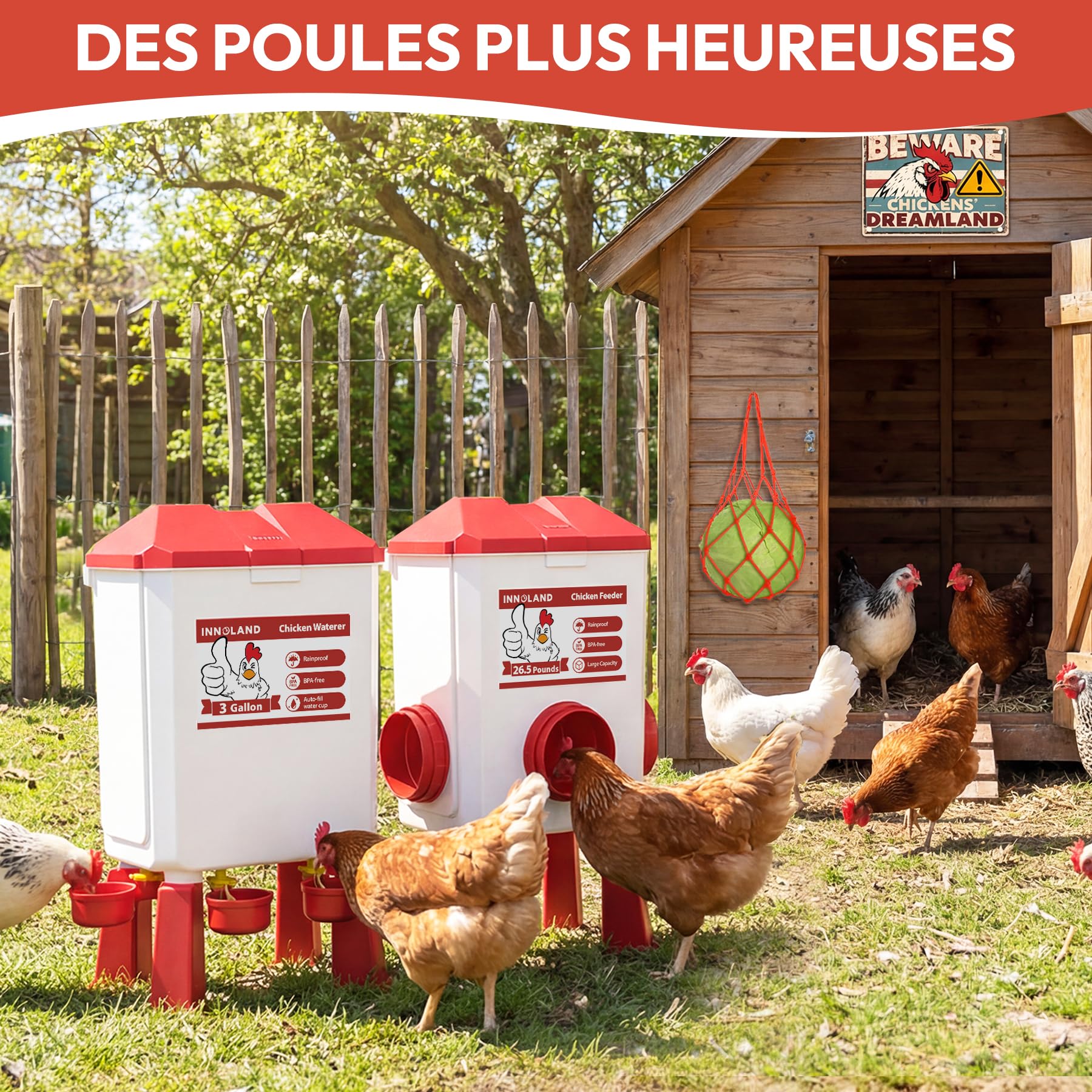 Mangeoire Poules et Abreuvoir Poules Automatique – 12 Kg / 11 L, Mangeoire Poule Anti Nuisible 4 Coupelles & 3 Ports d’Alimentation, Distributeur de Nourriture Anti-Gaspillage