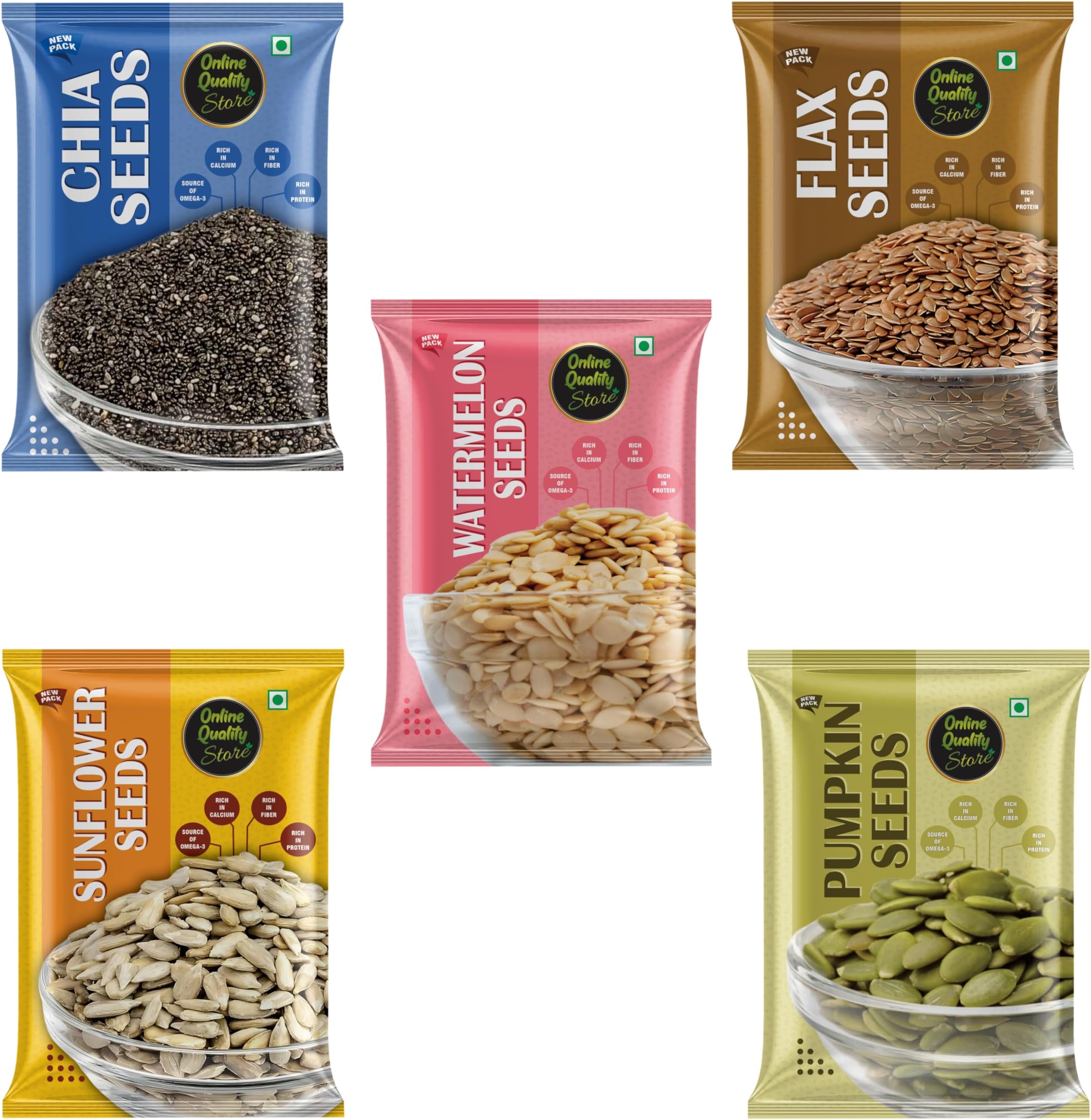 Online Quality Store Raw Combo of Chia, Watermelon, Pumpkin, Sunflower, Flax Seeds - 500gm (100gm x 5 Pack) | Unroasted Mix Seeds for Eating with Omega 3 and Rich in Fiber, Protein for Weight Loss