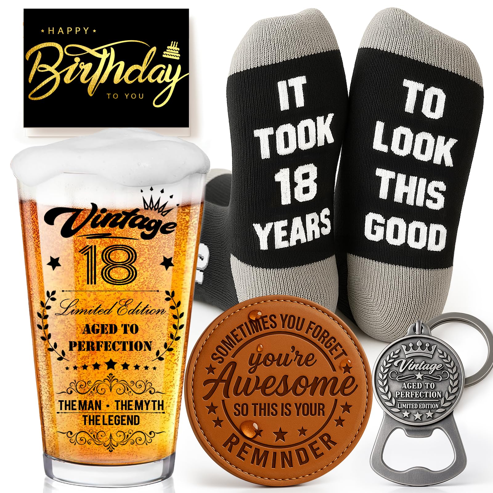 Joybble 18th Birthday Gifts for Boys, Birthday Decorations Vintage 18th Beer Glass Sets for Boys, Christmas Personalised Gift Beer Glasses Gift Ideas, Funny Socks & Vintage Opener for Him