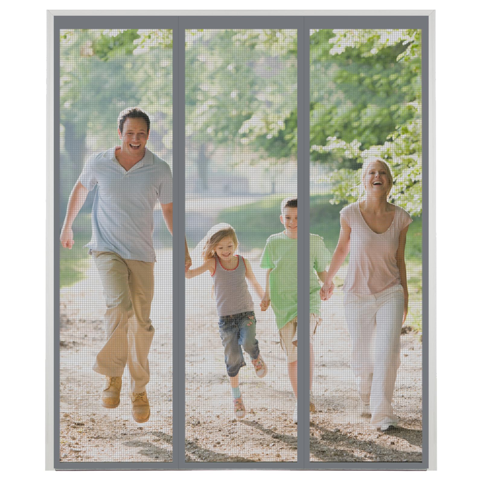 Magnetic Fly Screen Door, Grey Double Door Screen Curtain for Sliding Door, Anti Mosquito Polyester Mesh Screen Door, Heavy Duty Bug Mesh Curtain,Install Without Drilling, Lets Fresh Air in,250x250cm
