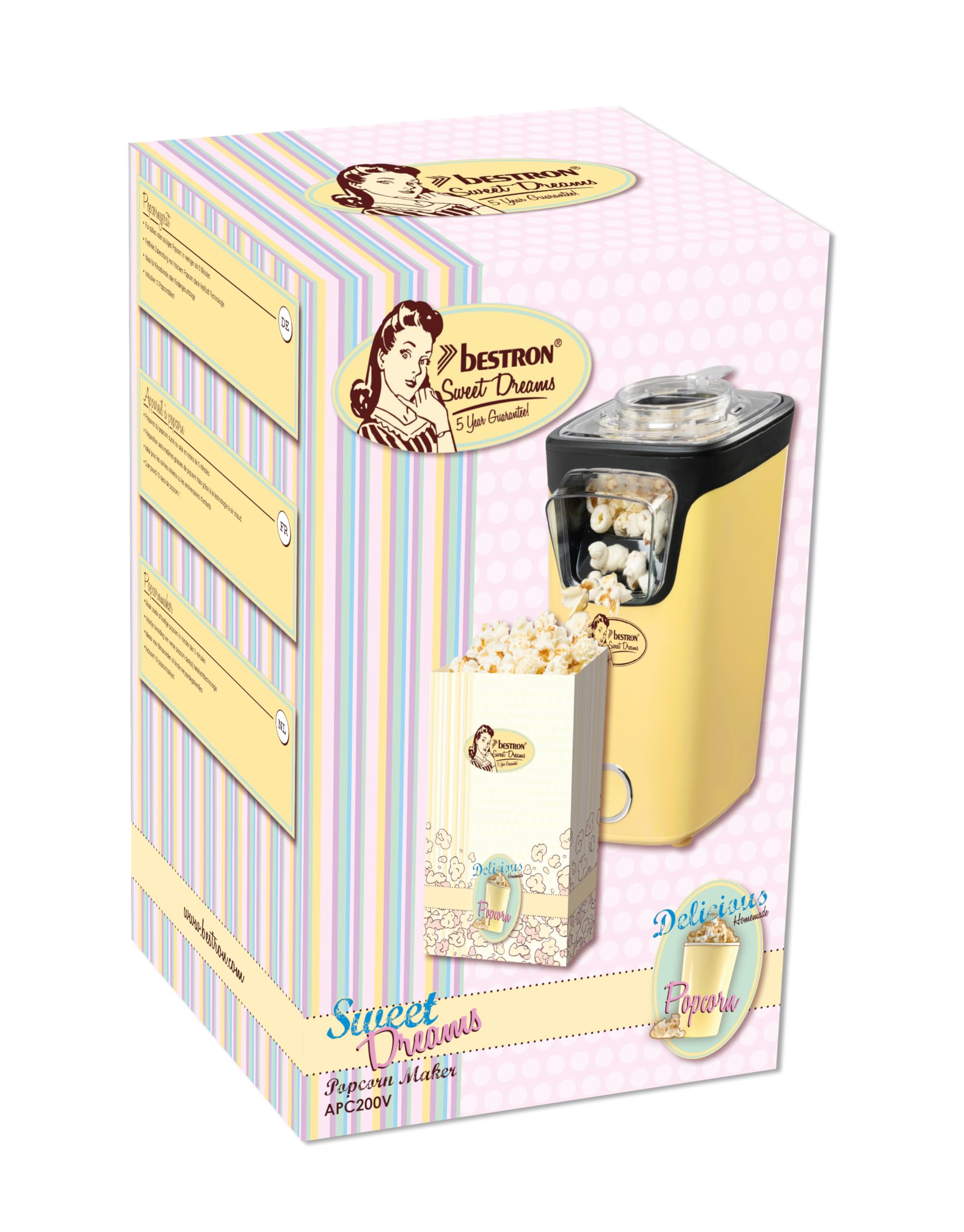 Bestron Palomitero, Turbo-Palomitas en menos de 2 minutos, con tecnología de aire caliente, incluye 10 bolsas de palomitas y taza medidora integrada, colección Sweet Dreams, Color: Amarillo