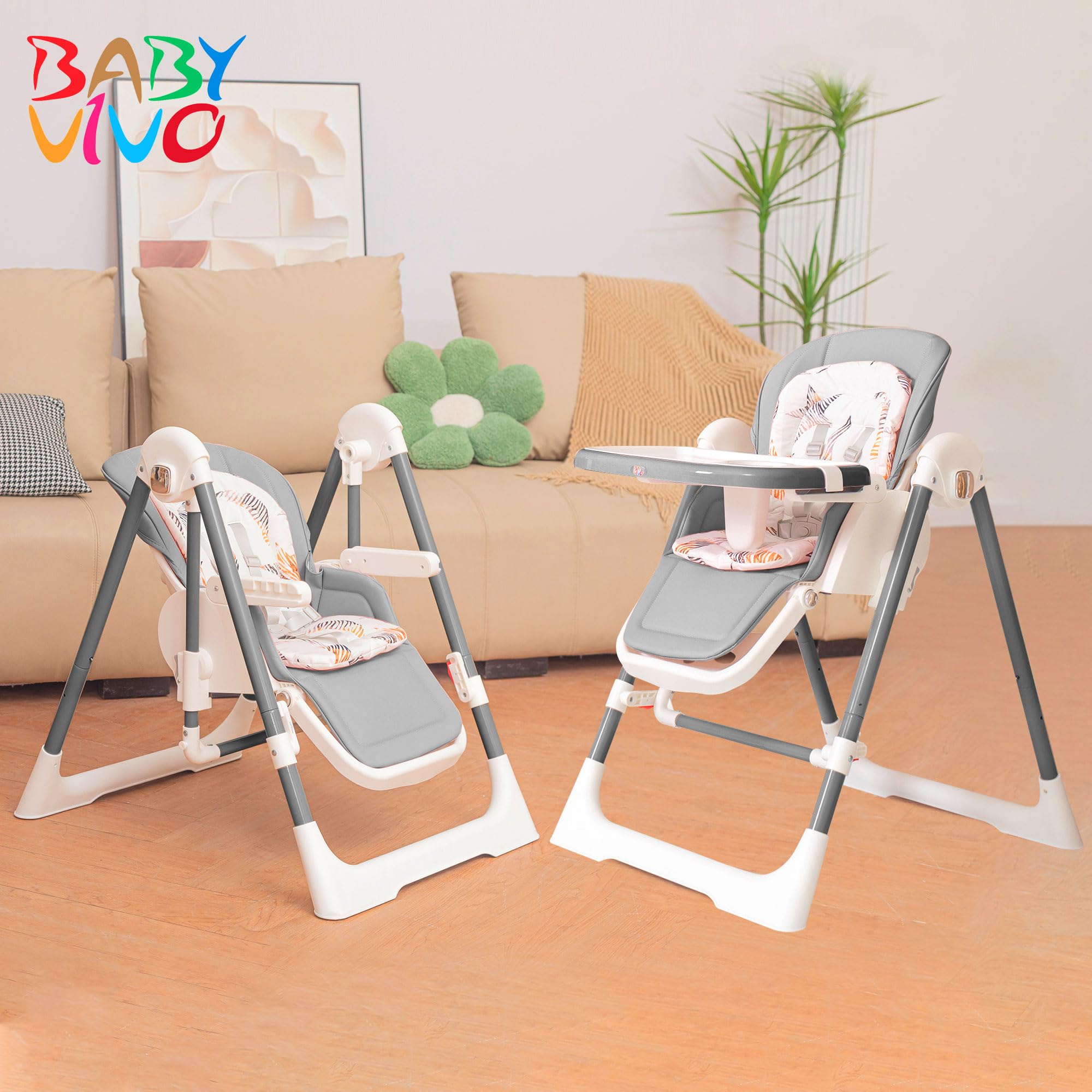 Baby Vivo Trona 3 en 1 para niños, altura regulable, con reposapiés, trona para bebé, trona combinada, columpio, respaldo ajustable, bandeja extraíble, color gris