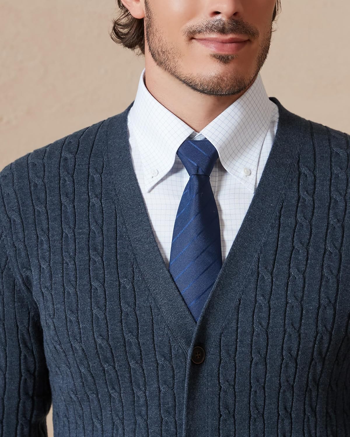 Kallspin Men’s Pure Cotton Cable Knit Cardigan V Neck Button Down Sweater Classic Casual Knitwear - Image 5