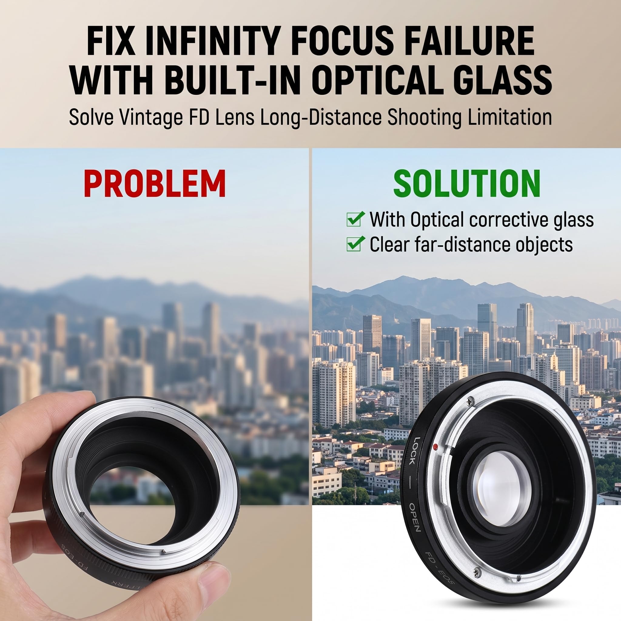 Bague d'adaptation FD-EOS pour monture d'objectif avec mise au point en verre optique Infinity pour appareil photo FD vers EOS EF - Contrôle manuel de l'exposition - Alliage de cuivre et d'aluminium