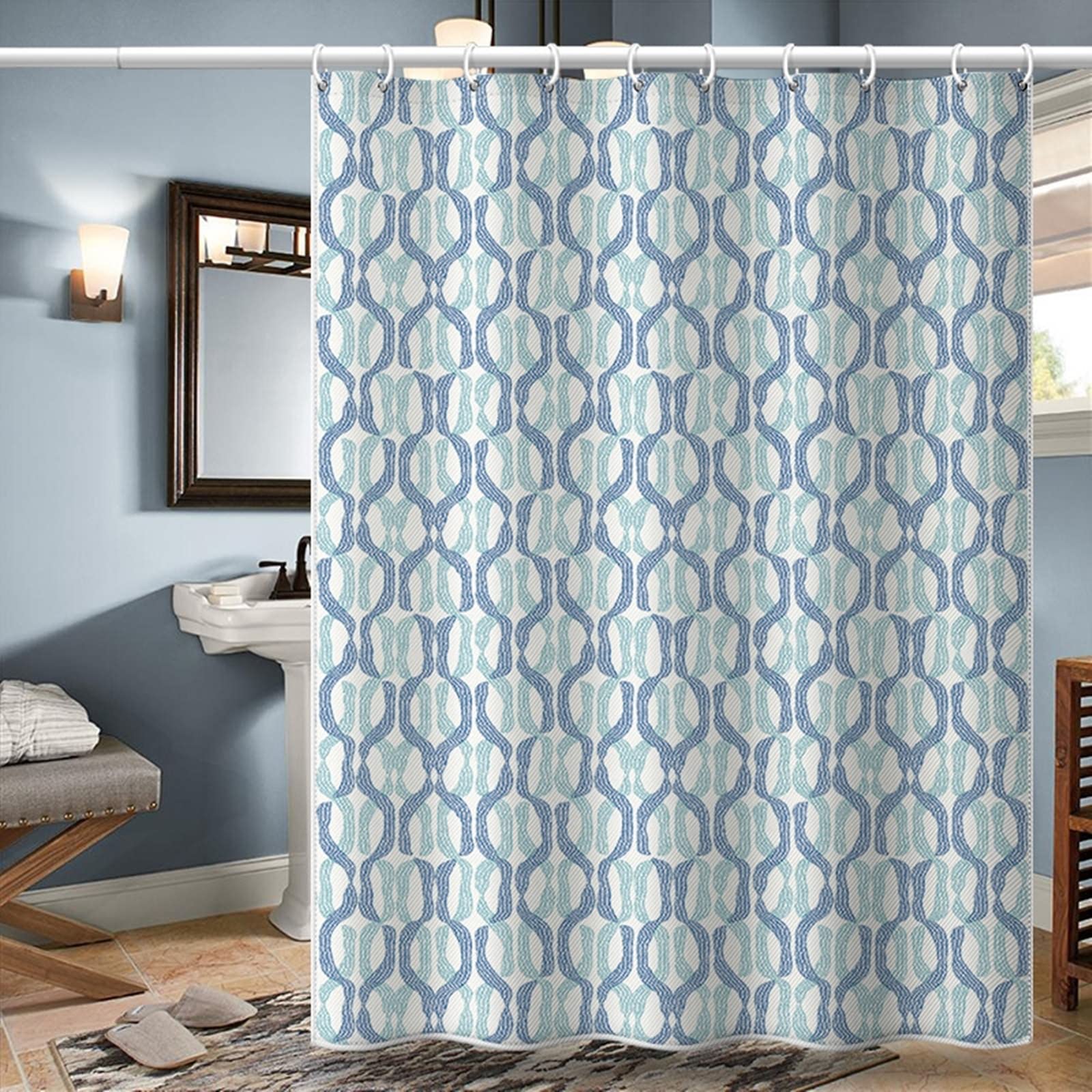 Tenda Doccia 150 x 180, Poliestere Blu Verde Modello geometrico Tenda doccia in tessuto per bagno