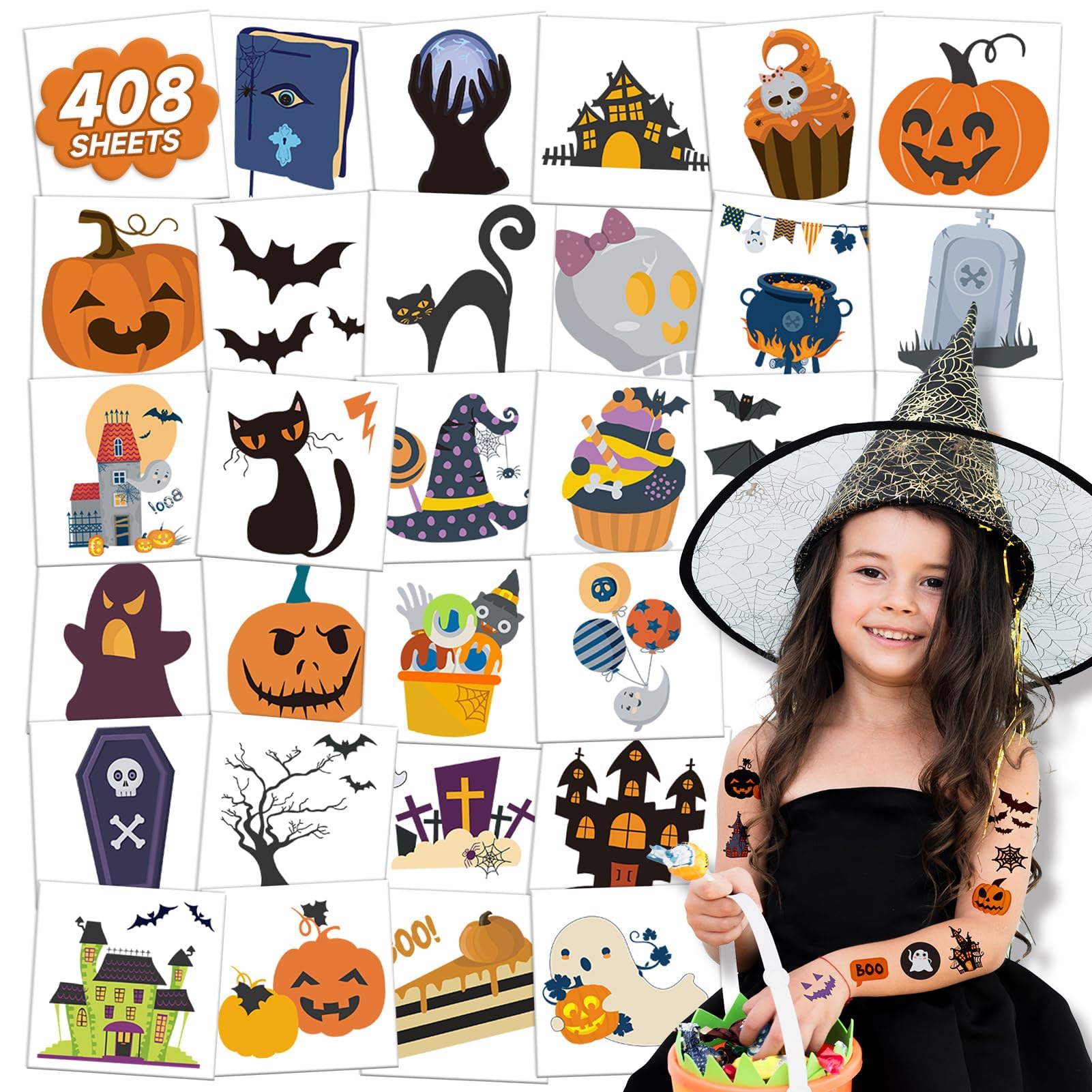 EMOME 408 Sheets Halloween Temporary Tattoos for Kids, Individual Kids Tattoos Bulk for Halloween Party Favors Supplies Treats, Cute Pumpkin Ghosts