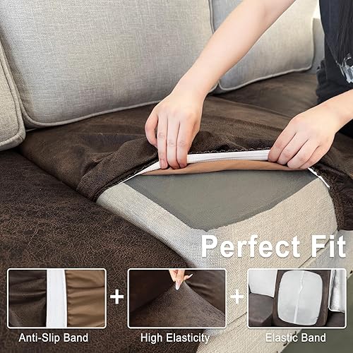 Miniatura 4 de Juego de fundas de cojín de sofá con aspecto de cuero, protector de muebles para sillón seccional, sofá biplaza para mascotas y niños, elástico (1