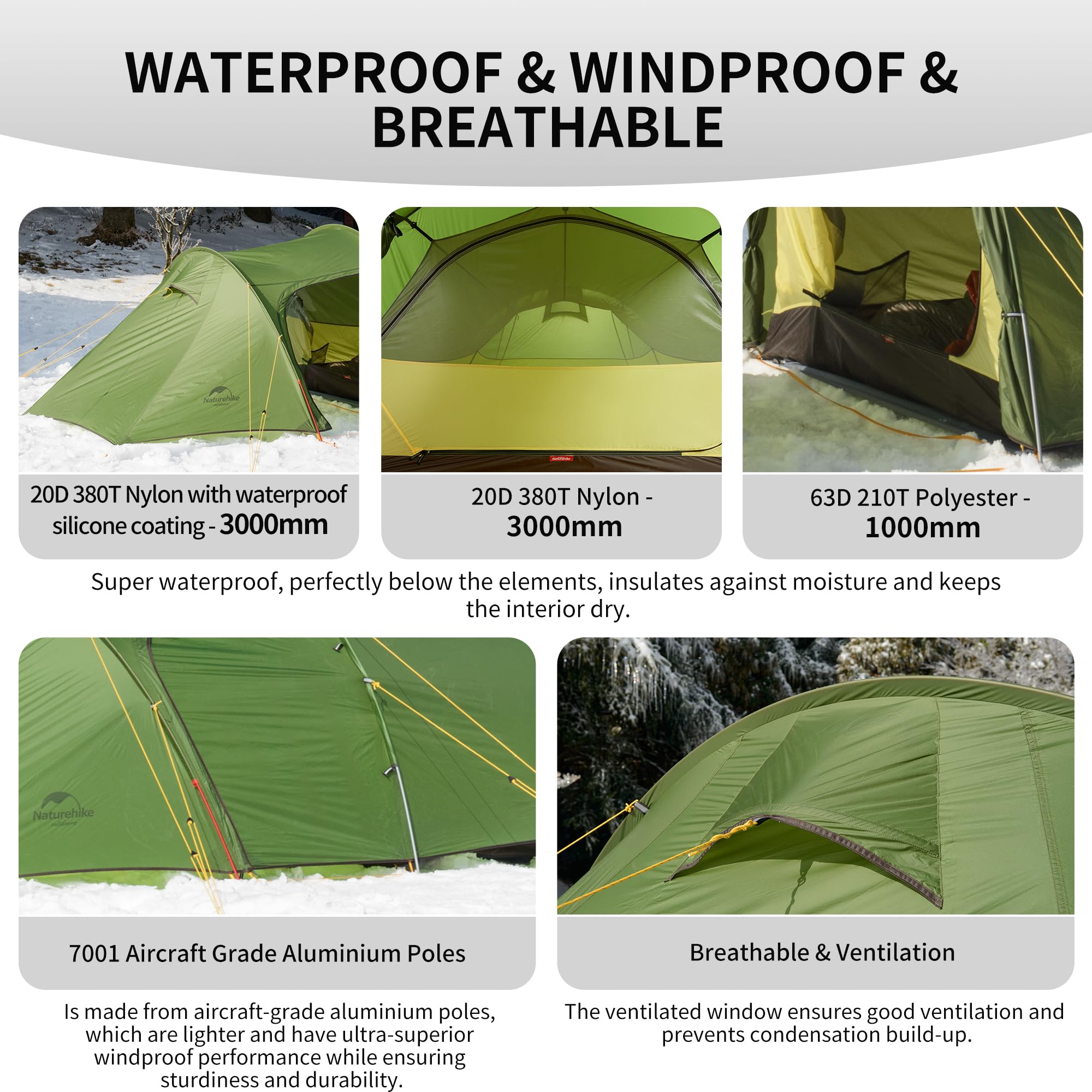 Naturehike Tenda a tunnel per 2/3 persone per 3-4 stagioni, leggera e impermeabile e antivento, tenda da campeggio con veranda, tenda da trekking per ciclismo, escursionismo, alpinismo, attività