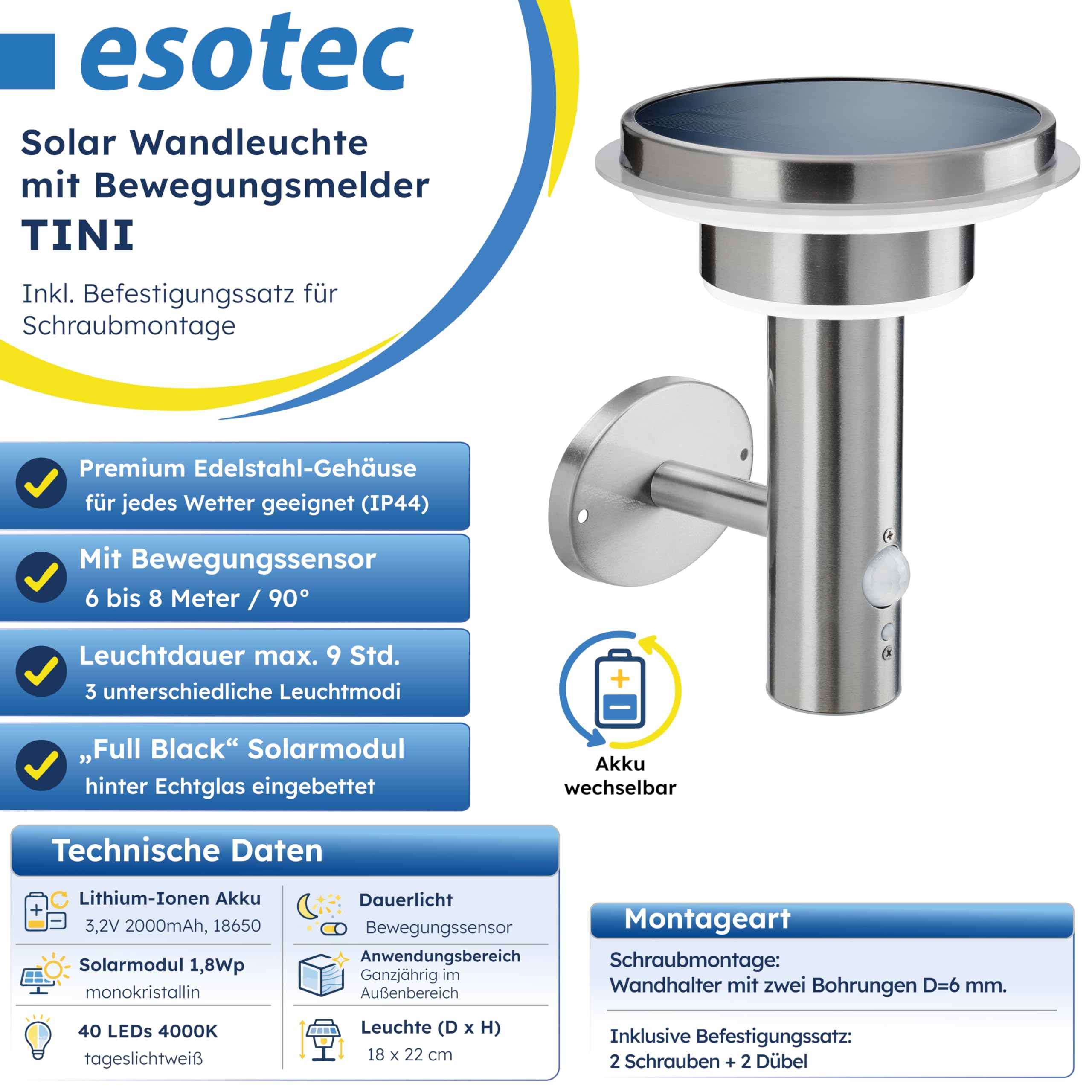 Esotec Solar Wandleuchte mit Bewegungsmelder TINI, 3 Modi, Edelstahl 102595