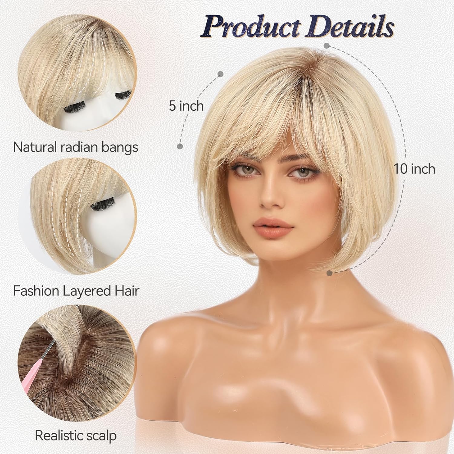 starluck Hair Topper for Women Real Human Hair, 6.5x6.5 inch Base ombre Light Blonde Short Bob with Bangs Side Part SilkHug Human Hair Topper for Women with ThinngHair Cover Gray Roots-10 Inch