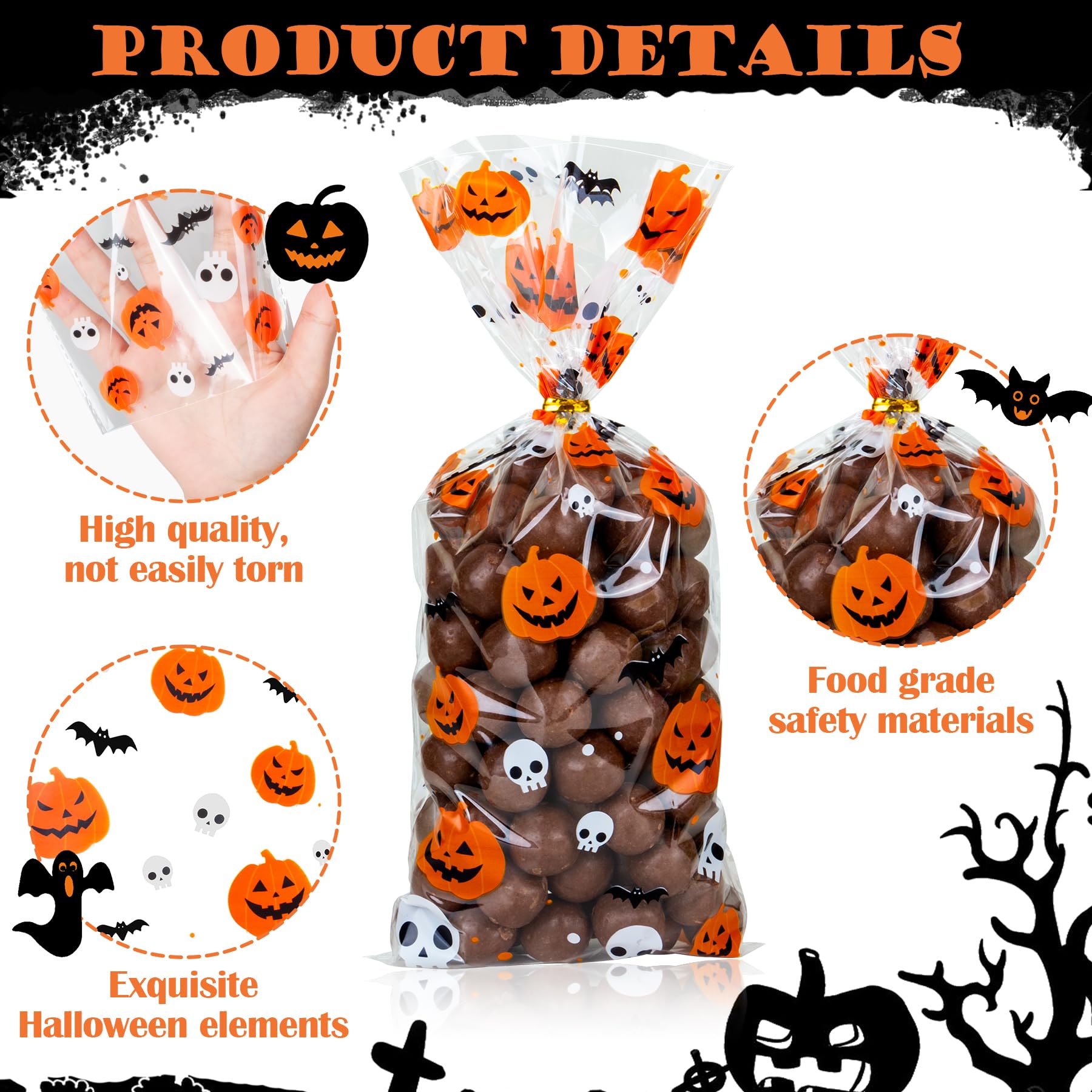 RICEDUO Torebki na słodycze na Halloween, 100 sztuk, przezroczyste torebki na słodycze, słodkie słodycze, torebki na prezent z twist krawaty, torebki na Halloween, upominki dla dzieci, Halloween