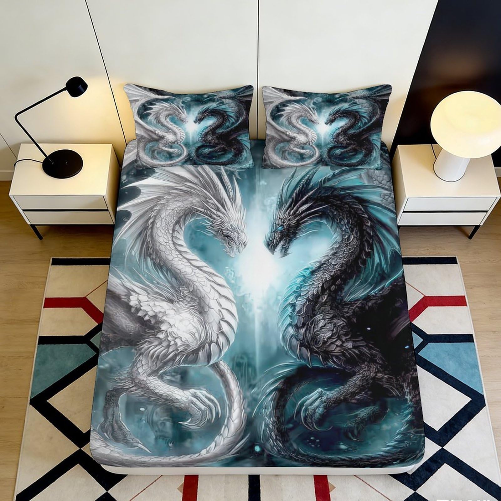 Uynsixtme Style-1 3D Printed Dragon Design Fitted Sheet Microfiber Deep Pocket Non-Slip Bedroom Dragon Mattress Fitted Cover Adult Teen 90X200x25cm