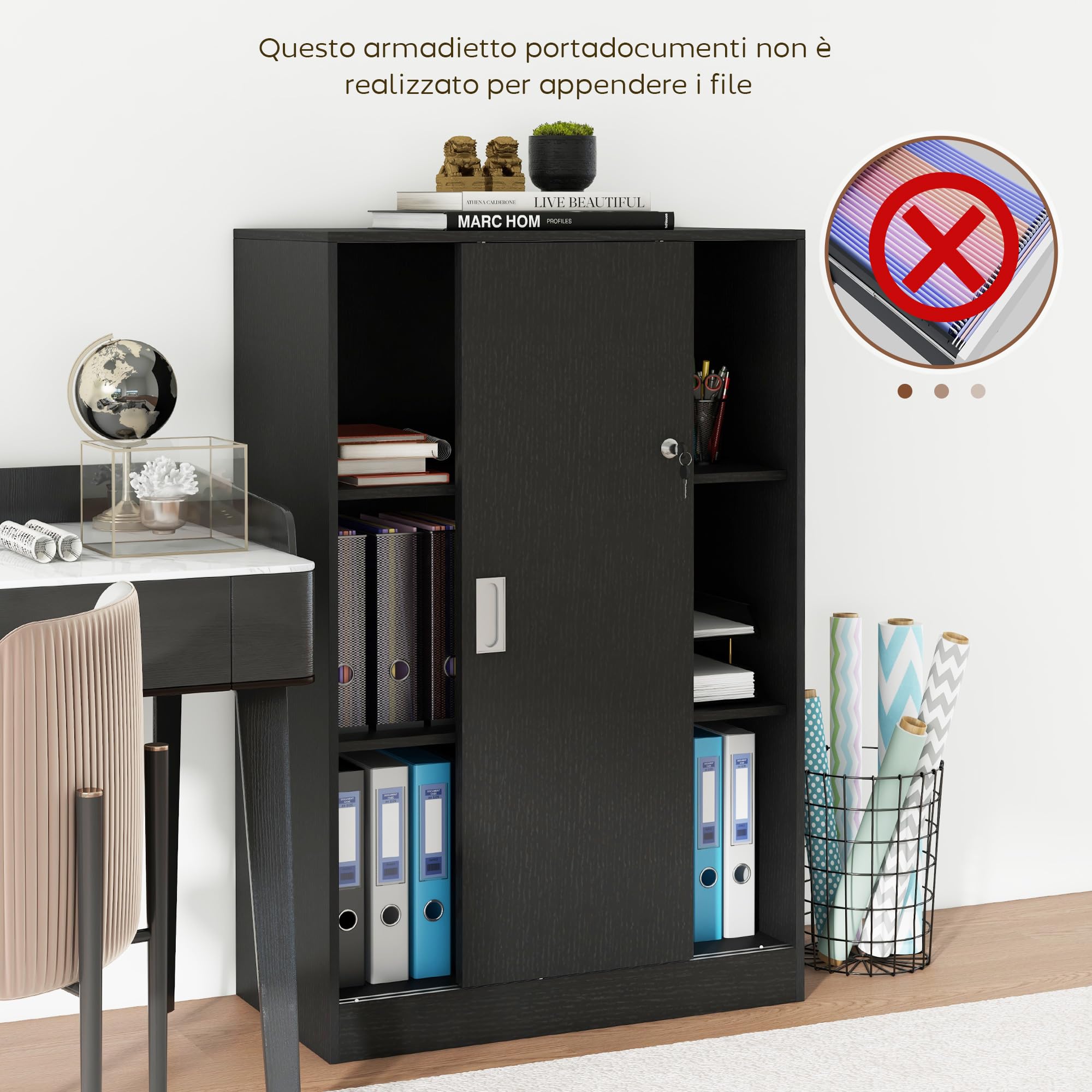 HOMCOM Armadietto da Ufficio a 3 Ripiani e ad Anta Doppia, Mobiletto Armadio da Ufficio in Legno, Mobiletto Multiuso con Chiusura e 2 Chiavi di Sicurezza per Studio, Garage e Soggiorno, Nero