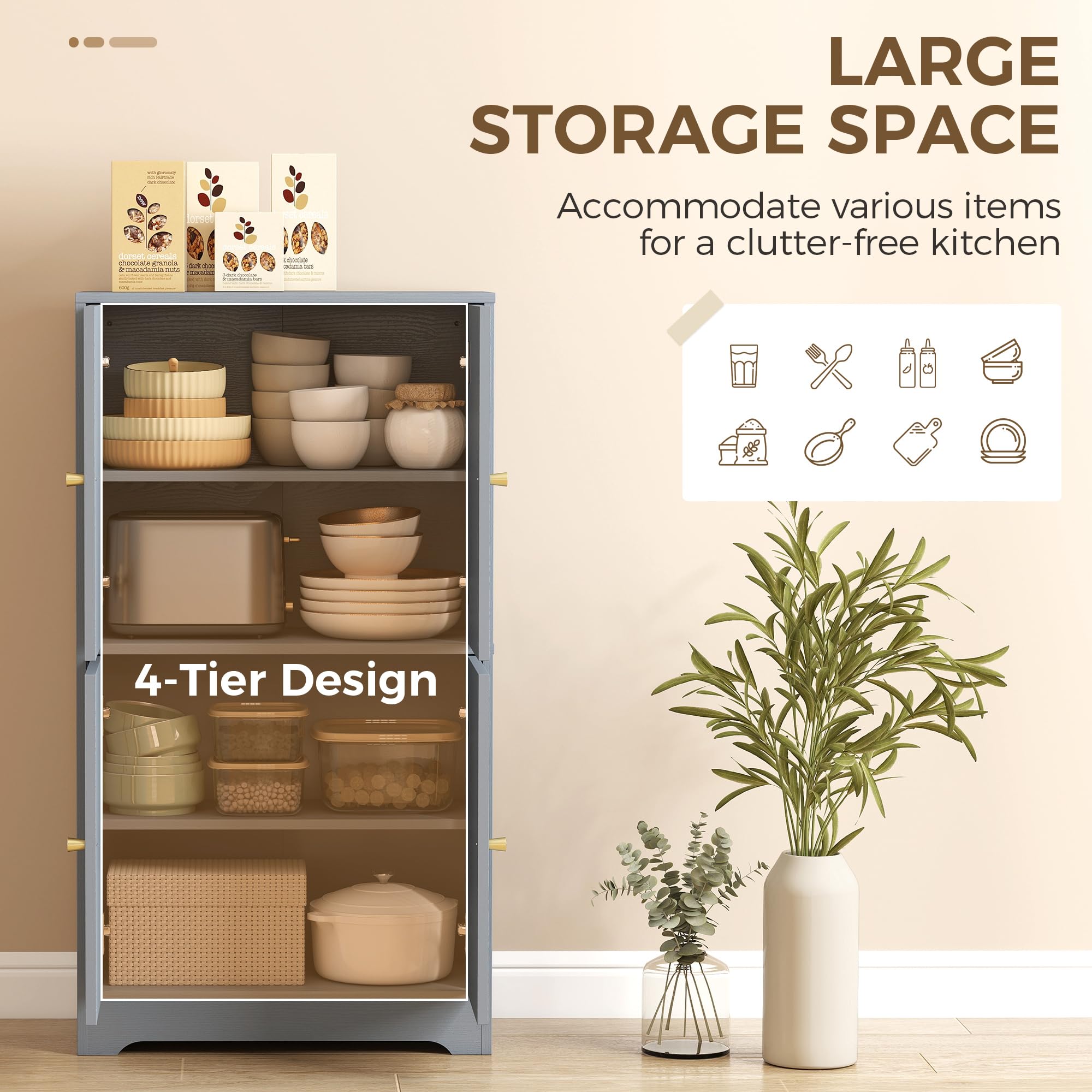 HOMCOM Armoire de cuisine de 110 cm, placard de rangement de cuisine indépendant avec 4 portes cintrées et 2 étagères réglables, placard de garde-manger moderne pour salle à manger, gris
