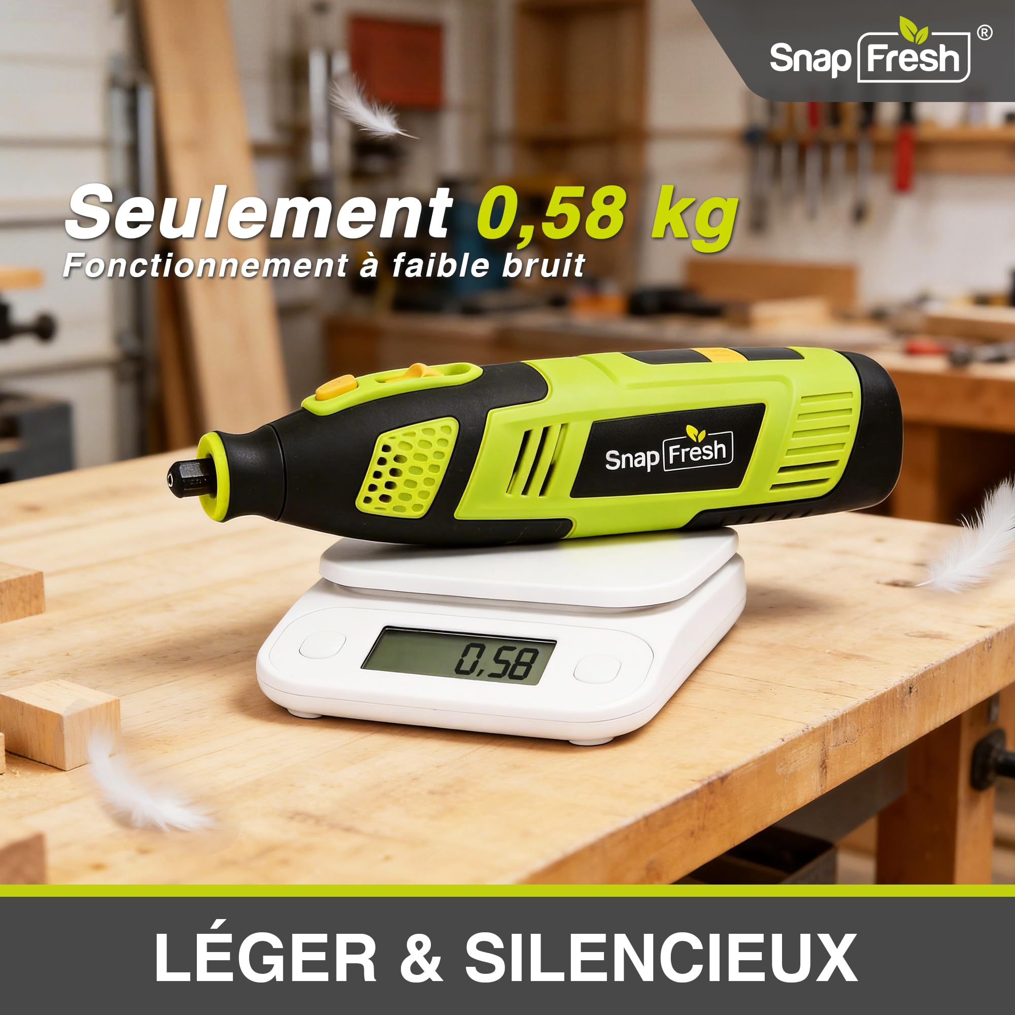 SnapFresh Outil Rotatif Multifonction Sans Fil 12V avec 111 Accessoires, Vitesse Variable 5000–32000tr/min, Affichage Numérique & Mémoire de Vitesse, pour Découpe, Ponçage, Perçage, Gravure, Polissage