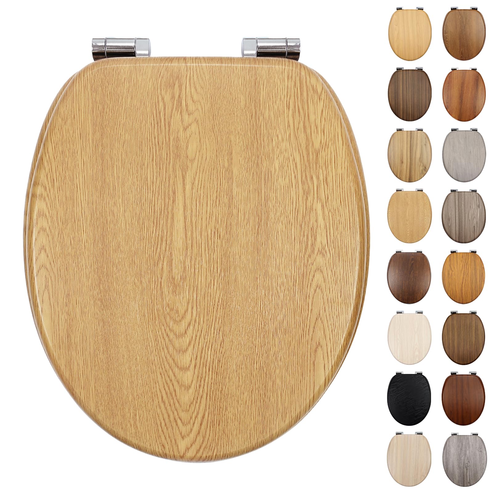 Fanmitrk Traditional Wooden Toilet Seat Soft Close, MDF Adjustable Hinges with Bottom Fixture,Easy to Clean and Install for Bathroom (BL1-5-01)
