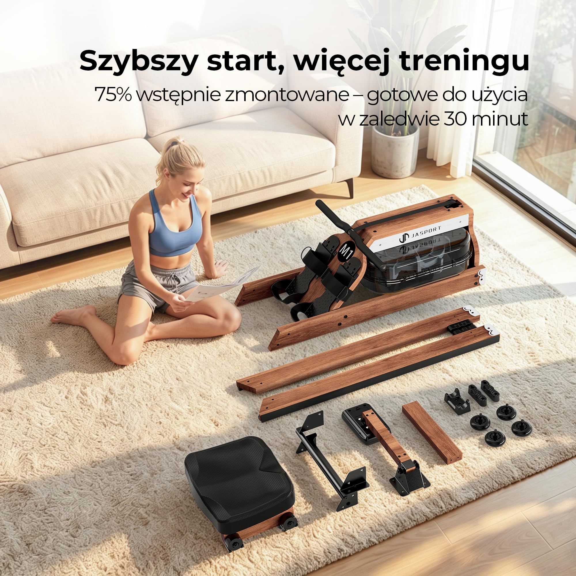 M1 wioślarz do domu – składany i zajmuje mało miejsca, z drewna kauczukowego z certyfikatem FSC, ze zbiornikiem na wodę 20 l, monitor LCD, Bluetooth, kompatybilny z mapą kinową, uchwyt na