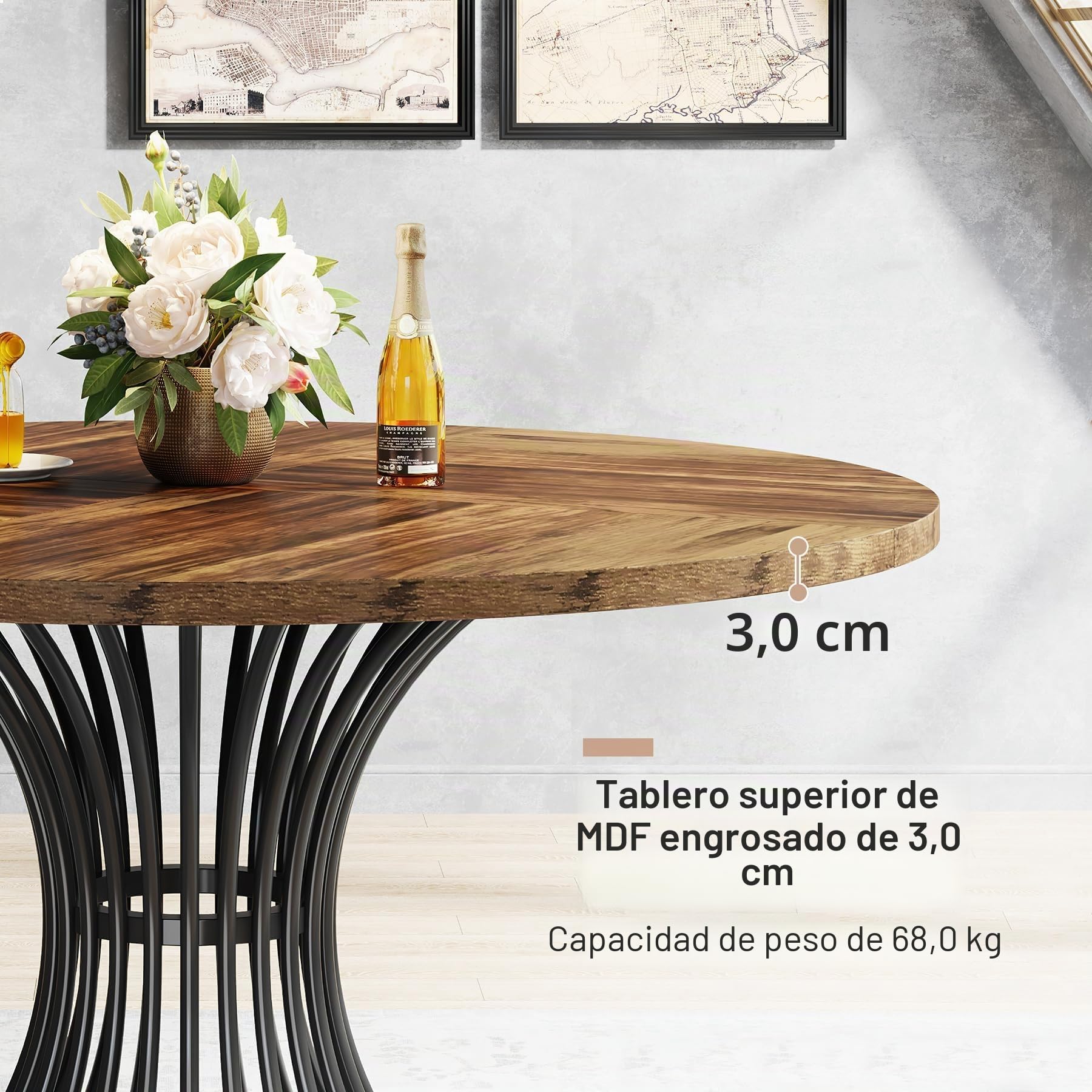Tribesigns Mesa de Comedor Redonda para 4-6 Personas, 120 cm, Redonda, Mesa de Comedor Industrial con Base de Metal para Cocina, Salón, Color Negro y Marrón