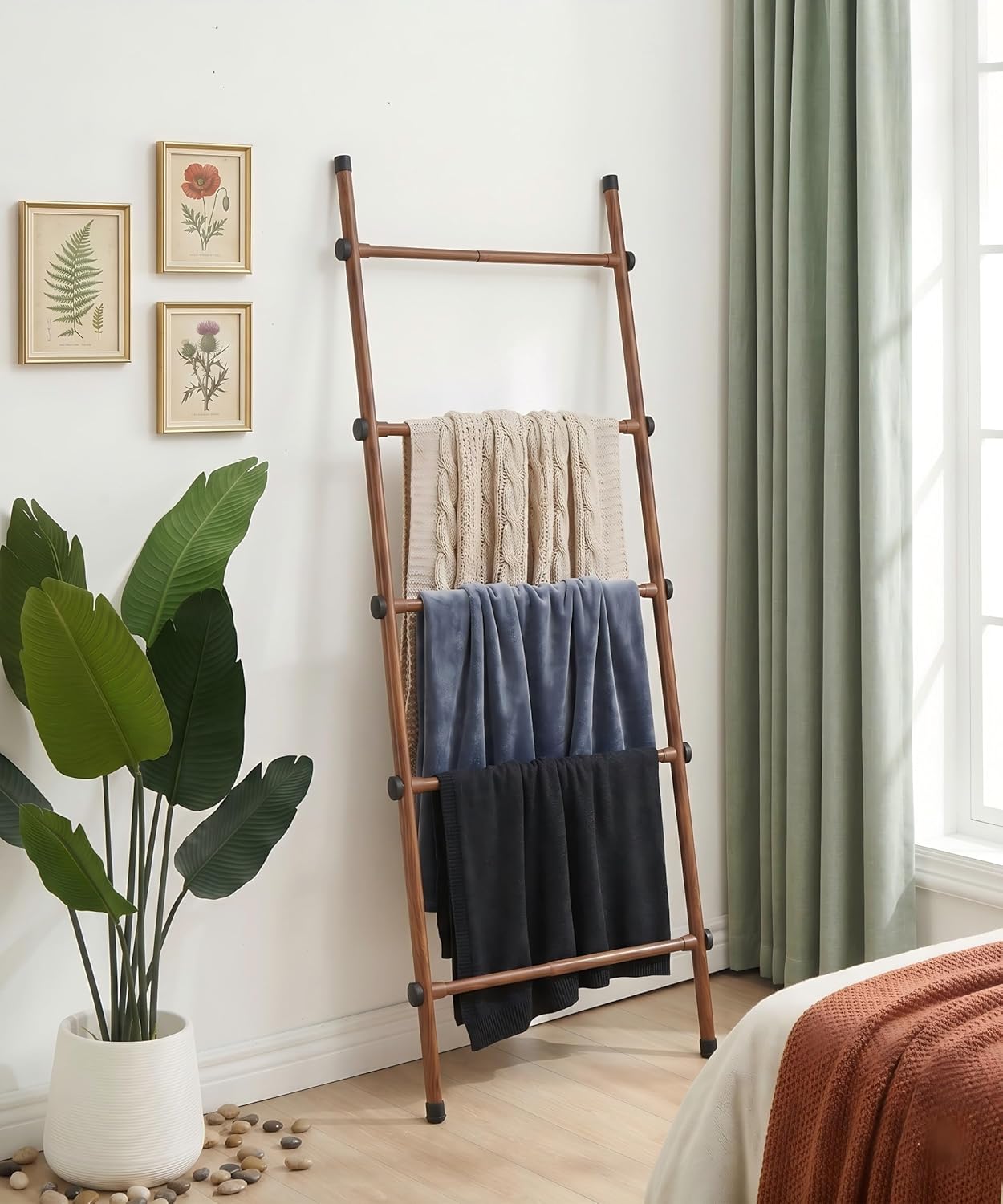 SIBRAD Expandable Blanket Ladder for Living Room, Adjustable Width (17.3"-32.3") Tall Metal Quilt Rack Wall Leaning, Rustic Brown Wood Grain 5-Tier Towel Blanket Holder, Heavy Duty 45 Lbs Capacity
