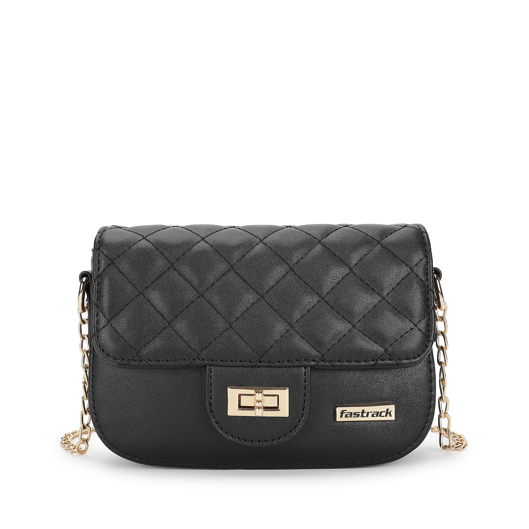 Quilt Chain Sling Bag with Flap Closure and Twist-Lock - Stylish Quilted Crossbody with Metal Accented Strap-image-42