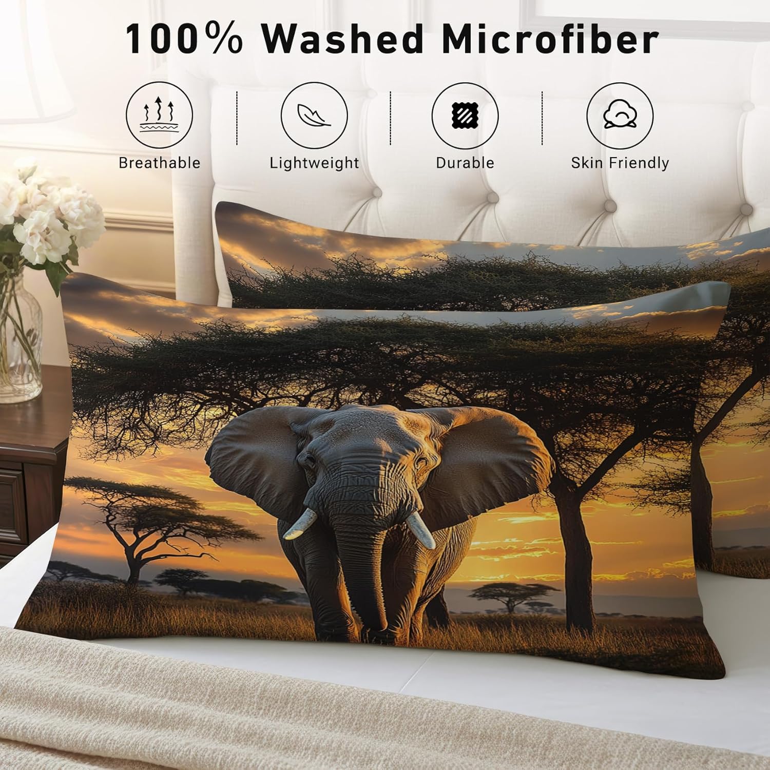 Elephant Sheets Queen Size - African Wildlife Sunset Bed Sheet Set - Deep Pocket Soft Microfiber Bedding Set 4 Piece - Fitted Flat Sheet Pillowcases - Elephant Bedroom Decor & Gifts