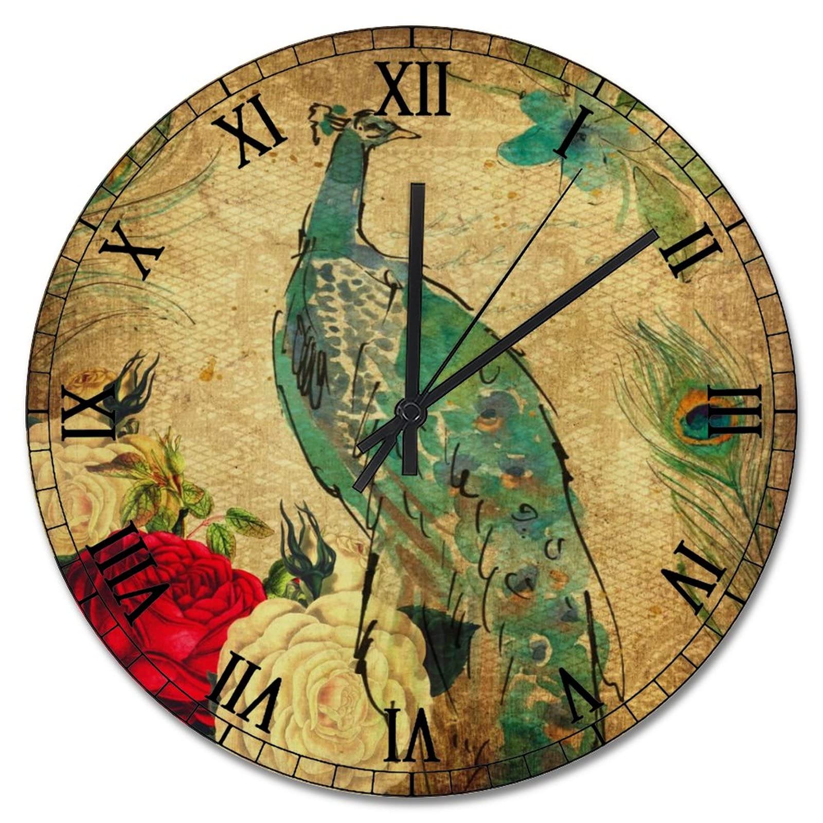 Horloge decorative ronde en forme de paon avec fleurs a piles 38cm