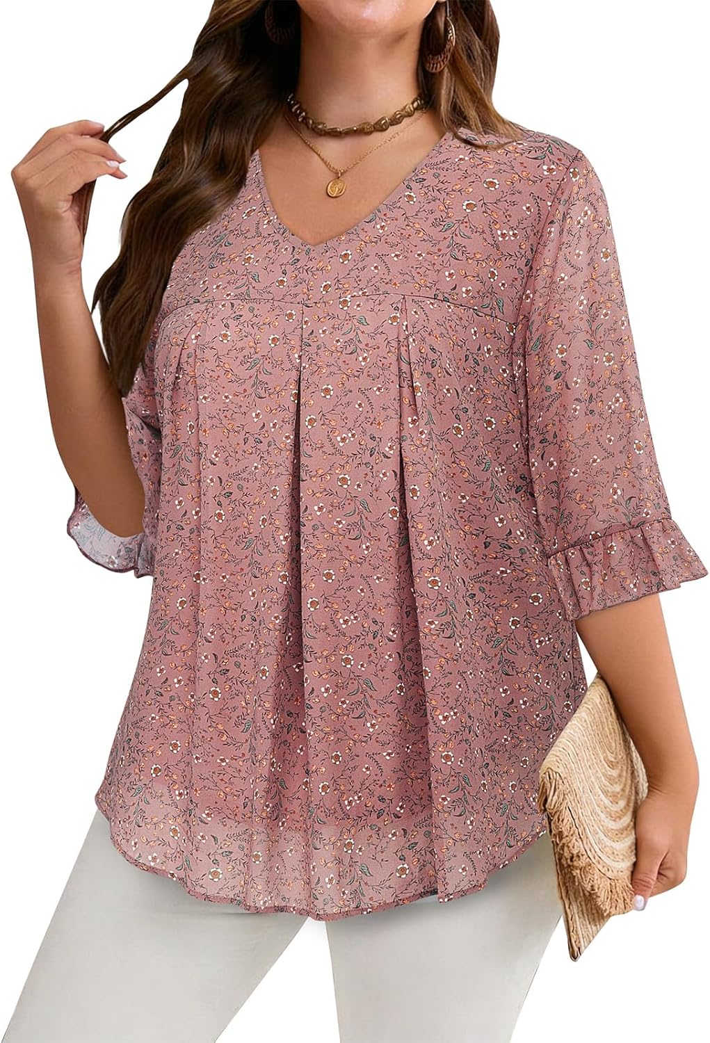 Amrto Plus Size Blouses for Women Chiffon Floral Ruffle 3/4 Sleeve Tunic Top V Neck Dressy Casual Shirts Vacation