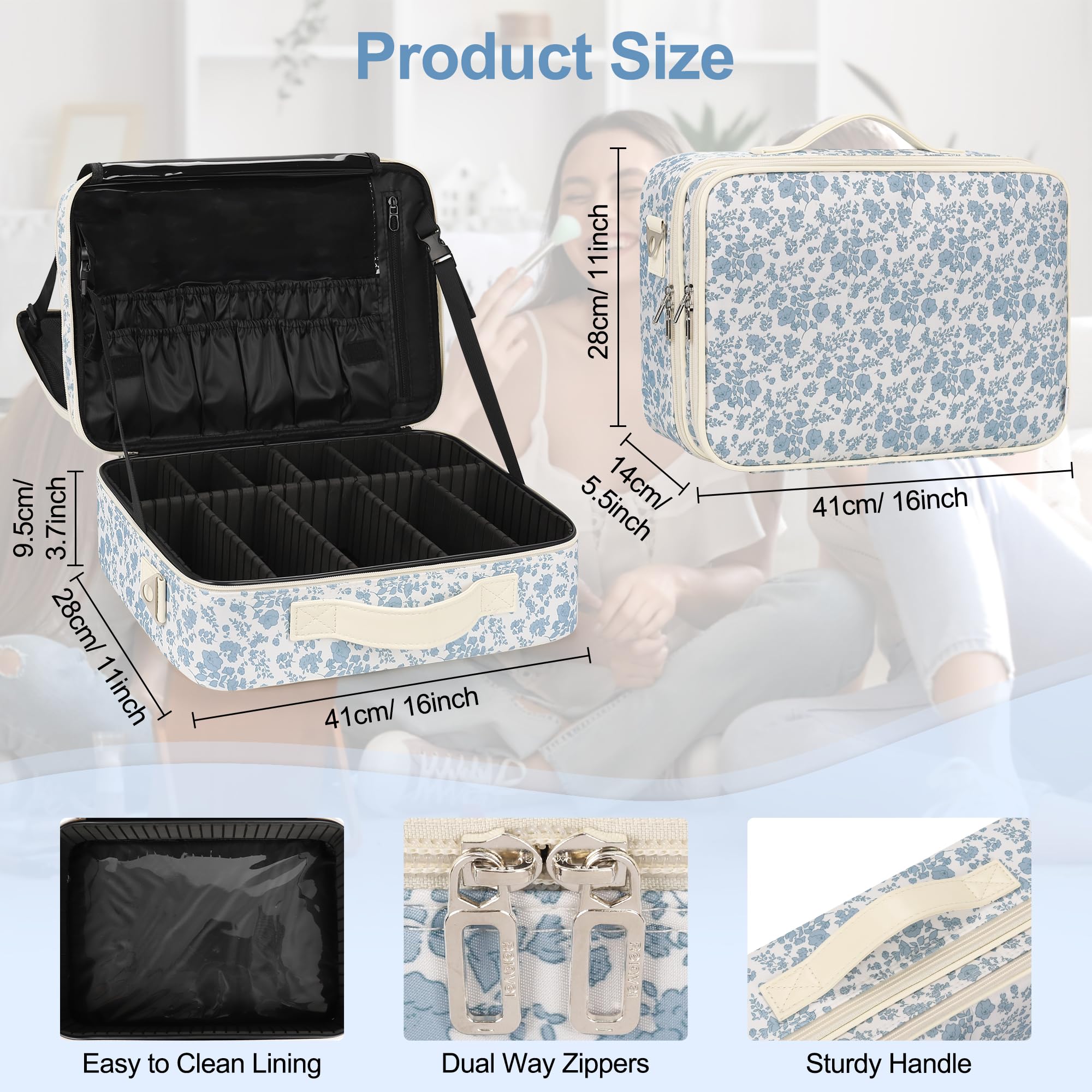 Relavel Trousse de maquillage de voyage avec séparateurs réglables pour cosmétiques, pinceaux de maquillage, articles de toilette, bijoux, imprimé floral, Grand, Grande trousse de maquillage