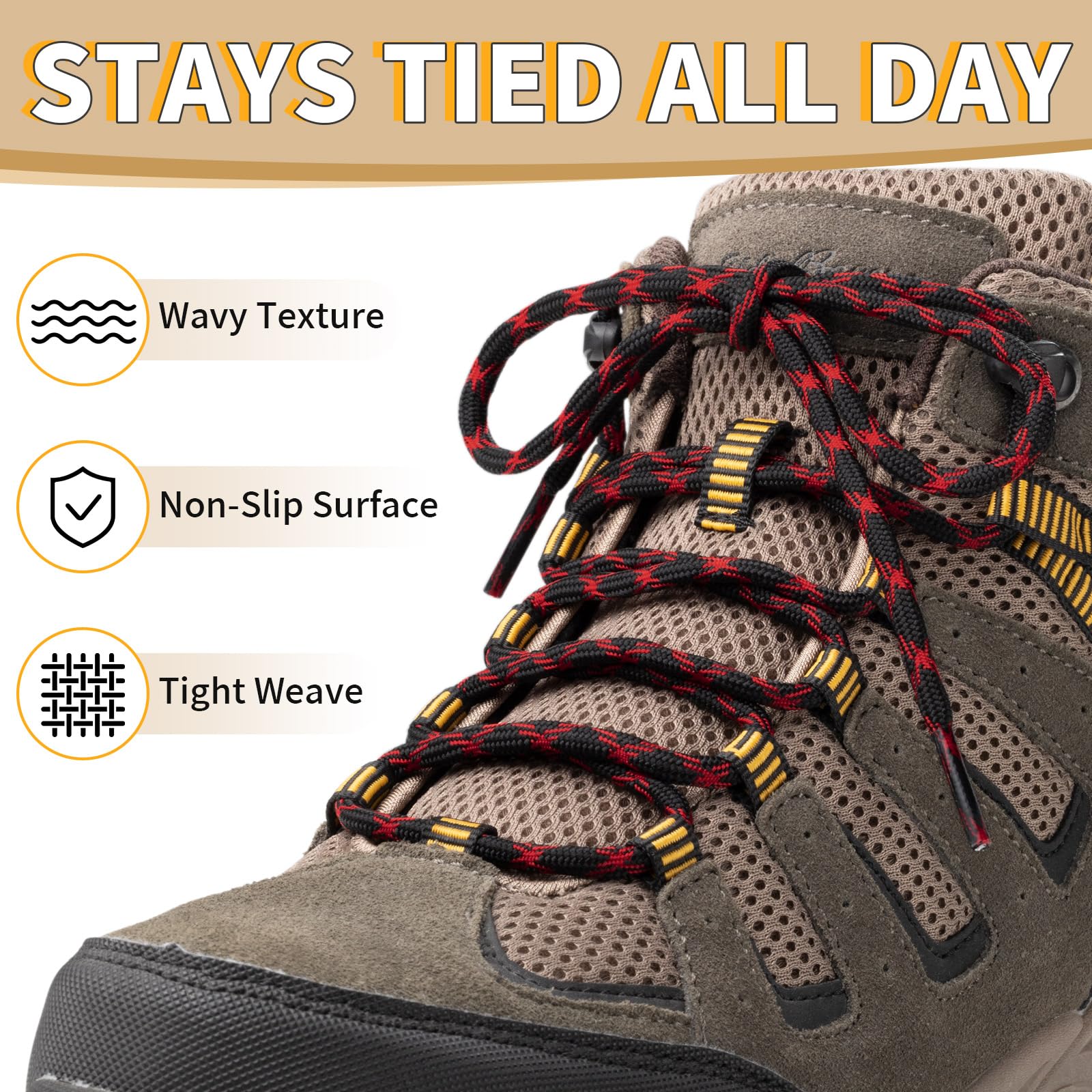 Stepace Wave Heavy Duty Boot Laces Round Shoe Laces Black Red-120