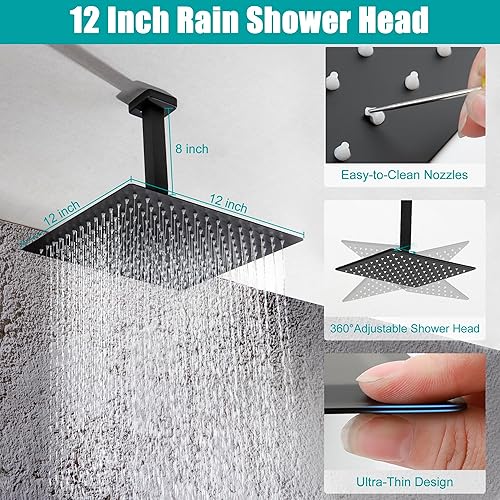 Miniatura 44 de SKOWLL Sistema de cabezal de ducha digital de 12 pulgadas, juego de mezclador de ducha de lluvia para baño, kit de grifo de ducha de montaje