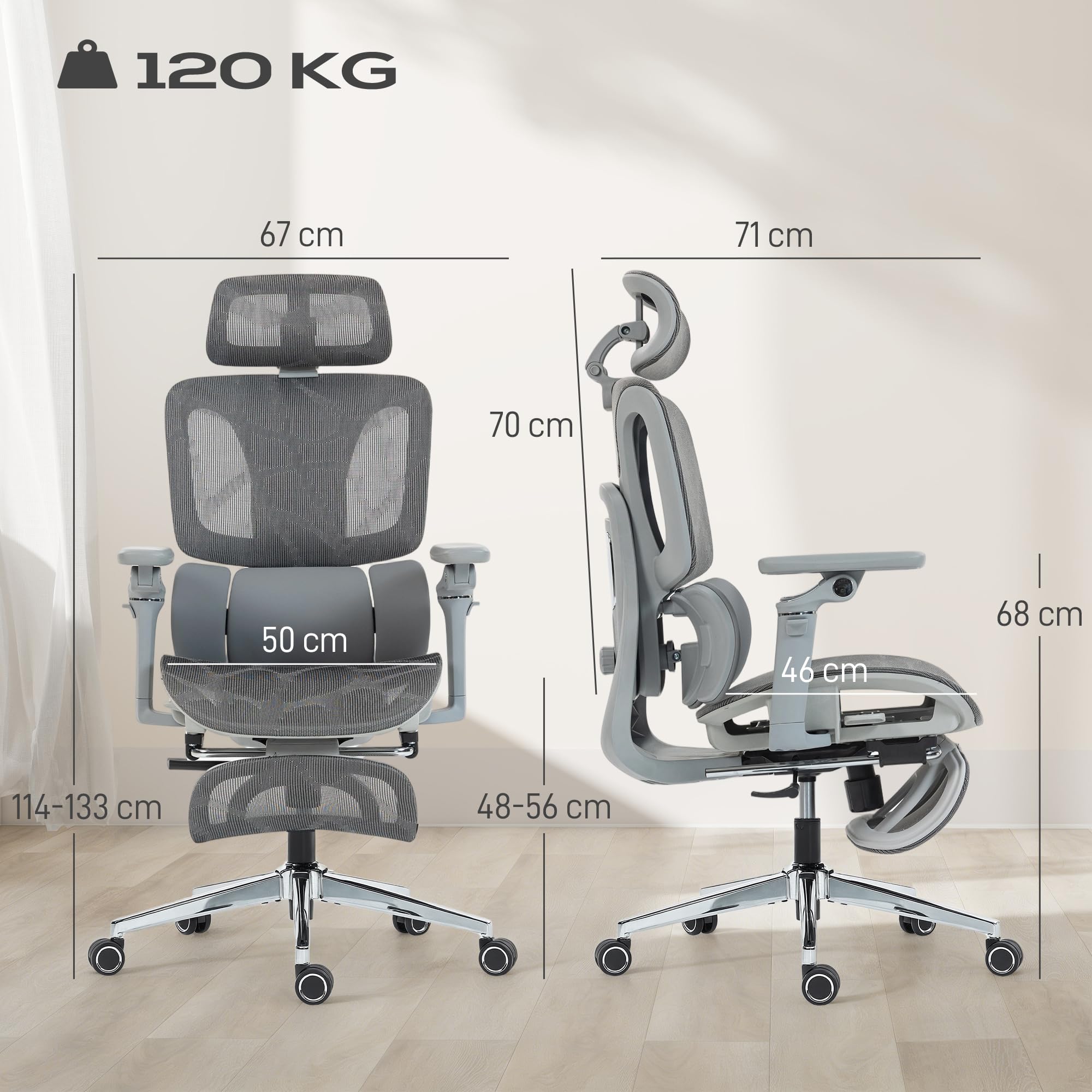 HOMCOM Ergonomiczny fotel biurowy siatkowy odchyl. podłokietniki 6D Szary