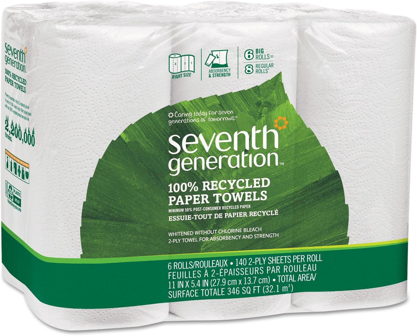 Seventh Generation 13731CT 100% Recycled Paper Towel Rolls, 2-Ply, 11 x 5.4 Sheets, 140 Sheets Per Roll, 4 Packs of 6 Rolls (Case of 24)