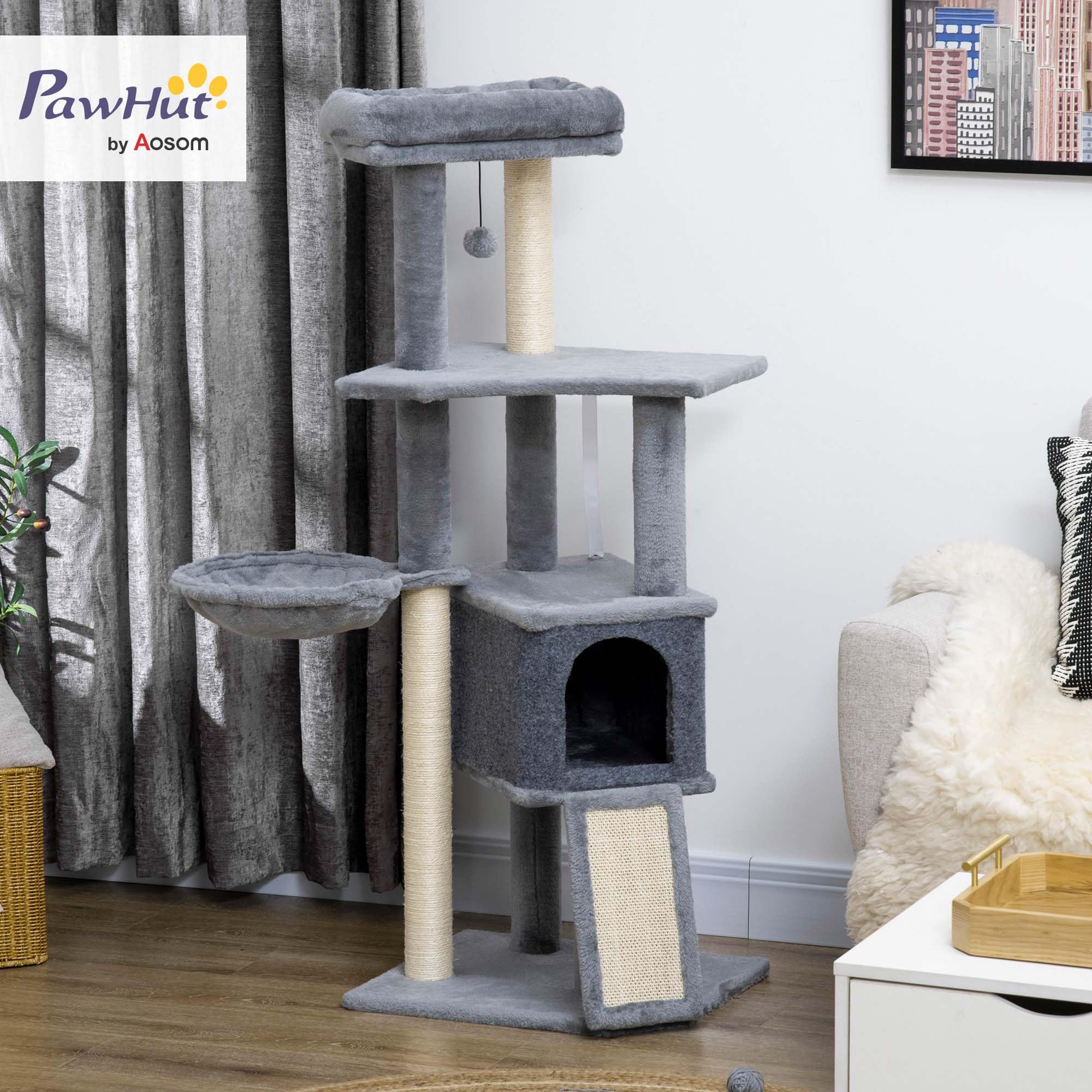 PawHut Árbol Rascador para Gatos 127 cm con Cueva, Hamaca y Cama Gris | Torre para Gatos, Plataformas, Rampa de Sisal, Bola Suspendida