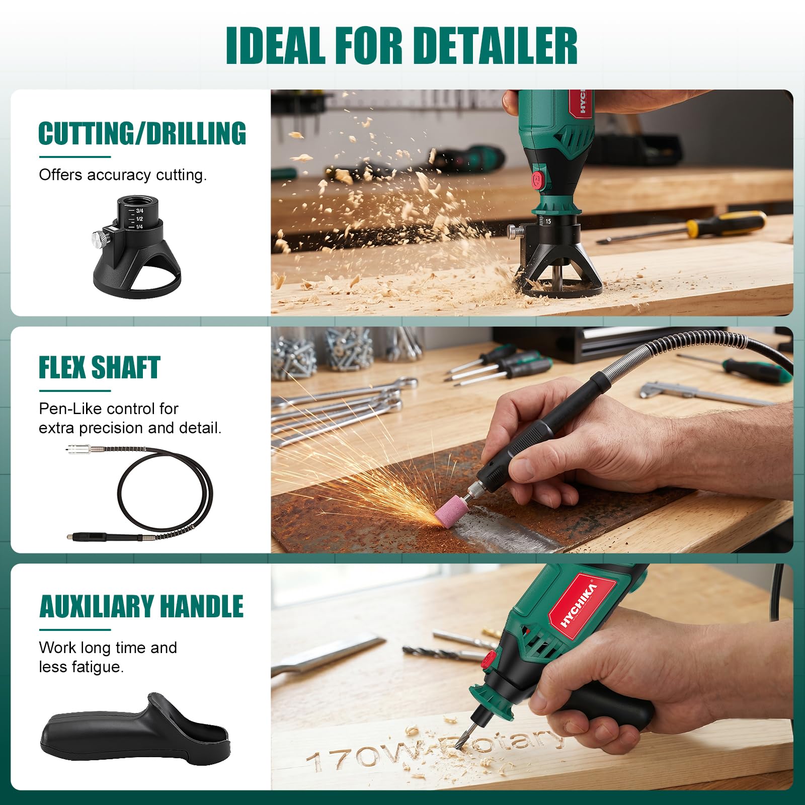 HYCHIKA 8000-35000 giri/min, strumento rotante a velocità variabile 180 W con 179 accessori con albero flessibile, supporto per catena e borsa degli attrezzi