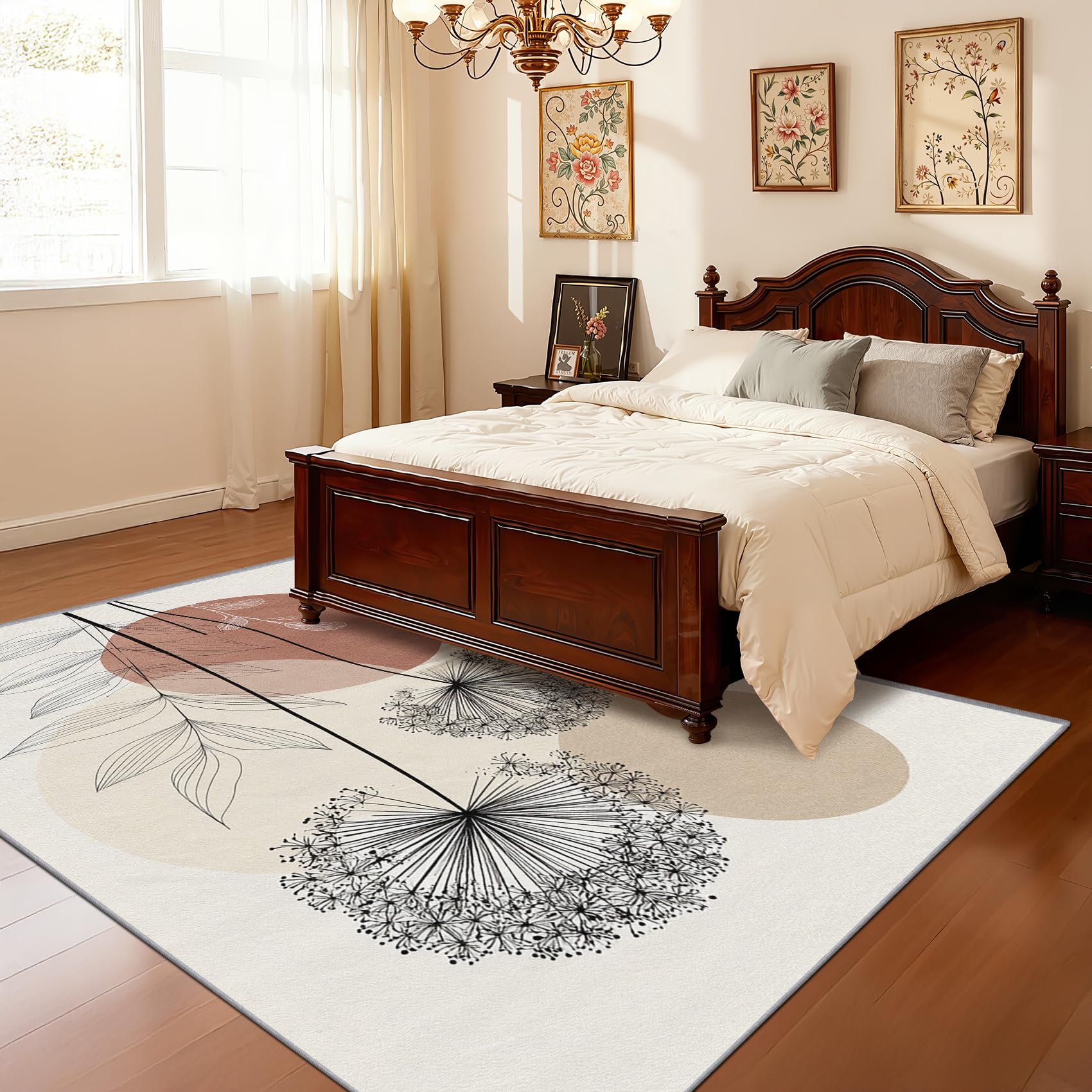 Mistela Boho Löwenzahn Teppich 200x200 cm – Minimalistischer Neutral Botanische Waschbarer Rutschfester Kurzflor Teppich für Wohnzimmer Schlafzimmer Esszimmer Büro Eingang in Terrakotta Braun