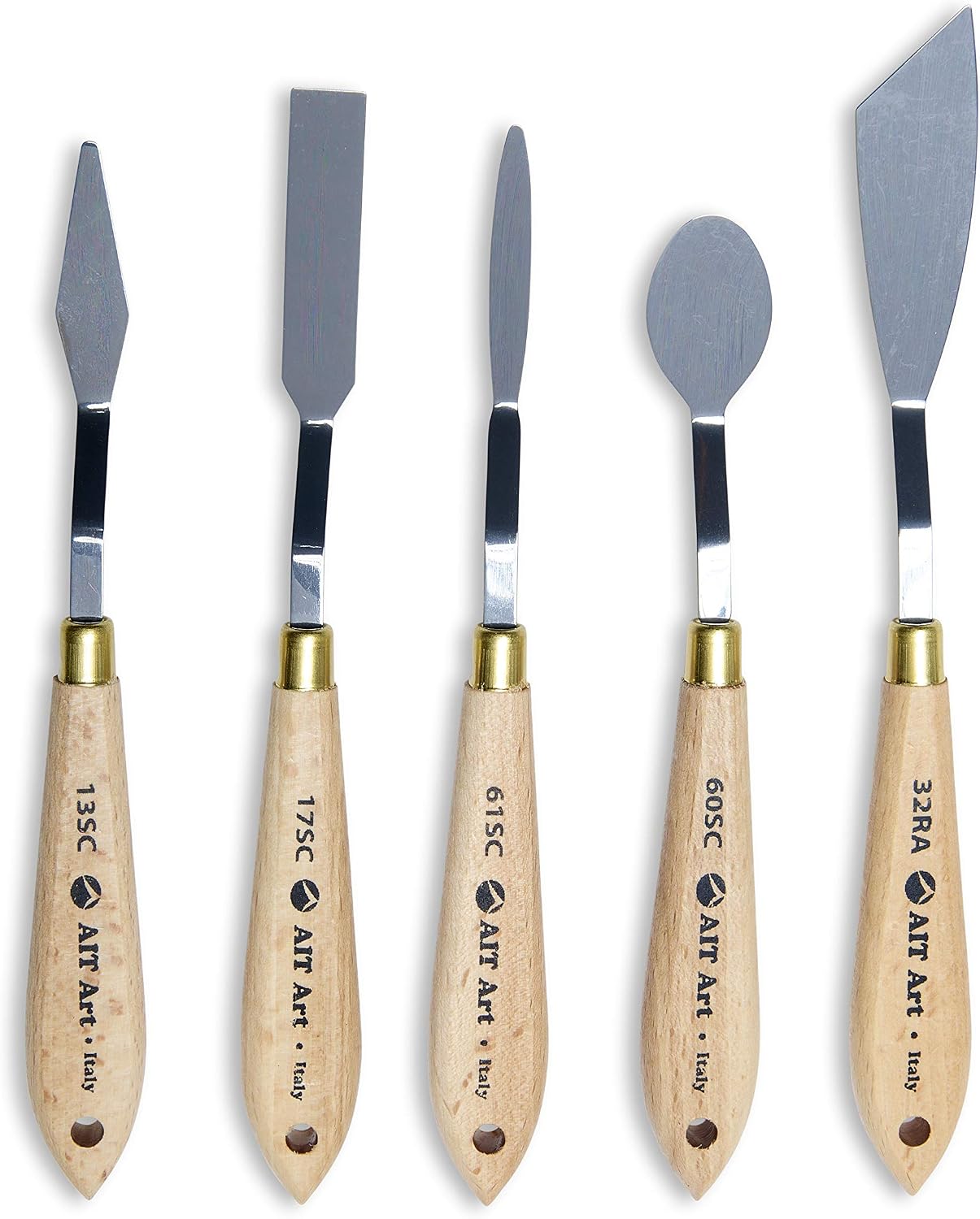 AIT Art Select Painting Knives, Set of 5, Made in Italy, Assorted Trowel Shapes, Carbon Steel Blades with Comfortable Wooden Handles Provide Flexibility and Durability for Easy Paint Spreadability